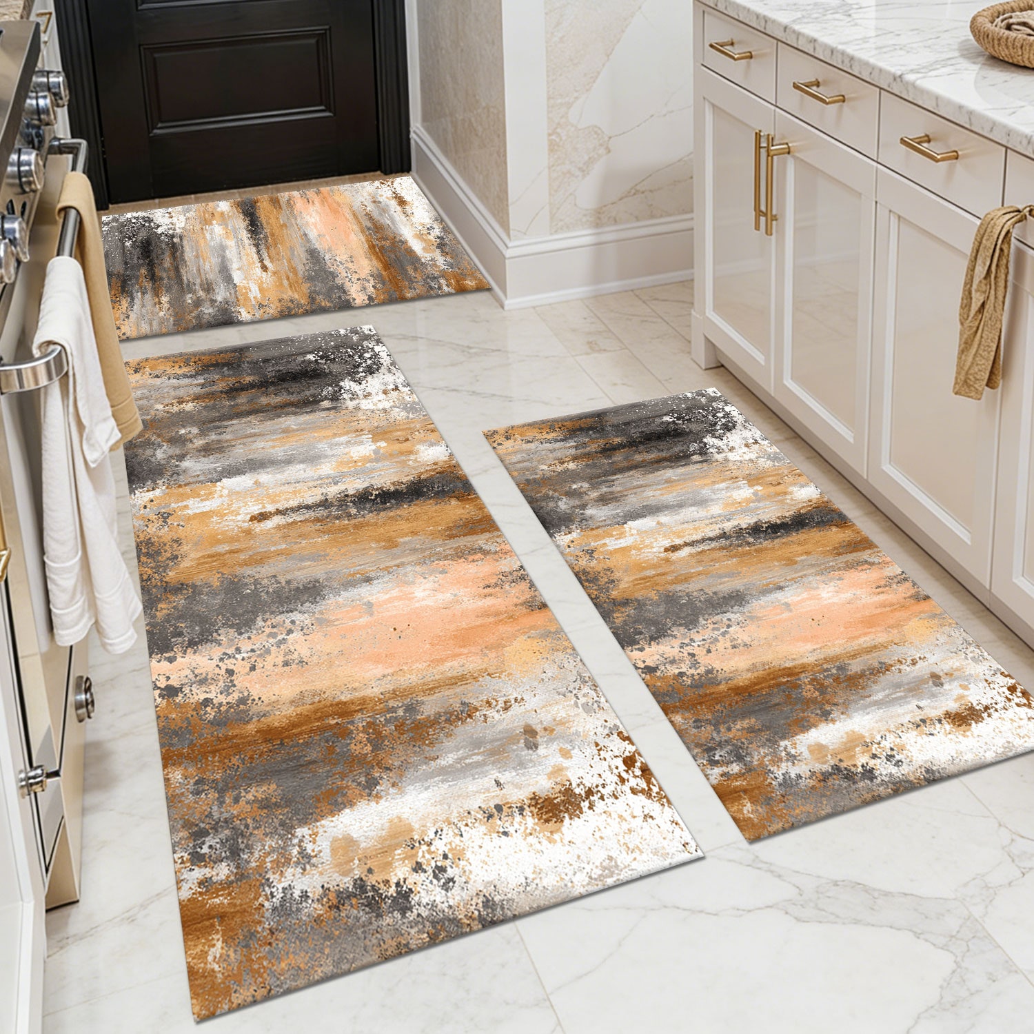 Three-piece kitchen rug set, non-slip and washable, abstract pattern kitchen hallway rug, soft and comfortable, suitable for sinks, floors, entrances, hallways and bathrooms.