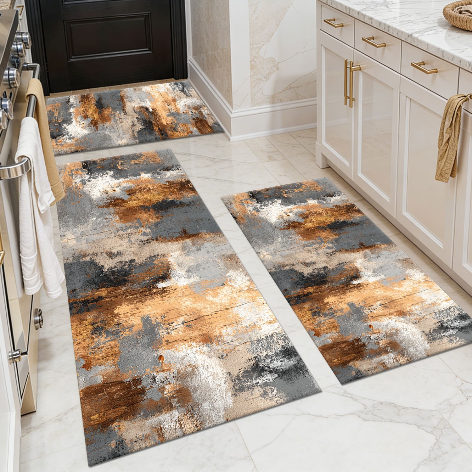 Three-piece kitchen rug set, non-slip and washable, abstract pattern kitchen hallway rug, soft and comfortable, suitable for sinks, floors, entrances, hallways and bathrooms.