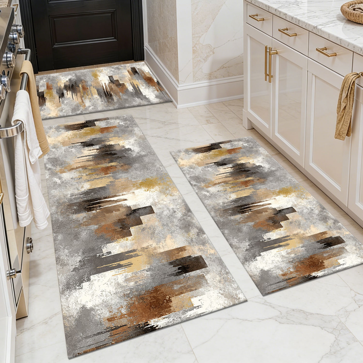 Three-piece kitchen rug set, non-slip and washable, abstract pattern kitchen hallway rug, soft and comfortable, suitable for sinks, floors, entrances, hallways and bathrooms.