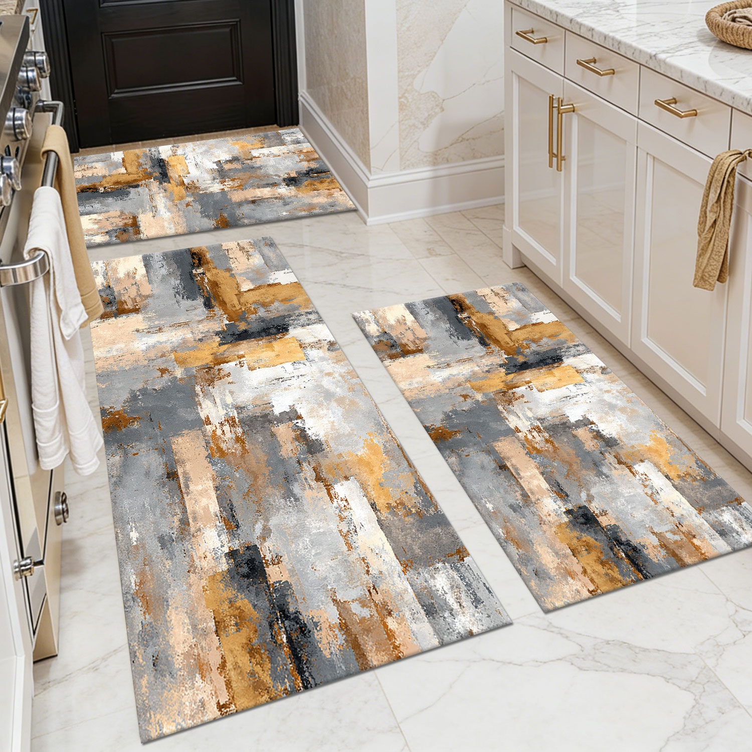Three-piece kitchen rug set, non-slip and washable, abstract pattern kitchen hallway rug, soft and comfortable, suitable for sinks, floors, entrances, hallways and bathrooms.