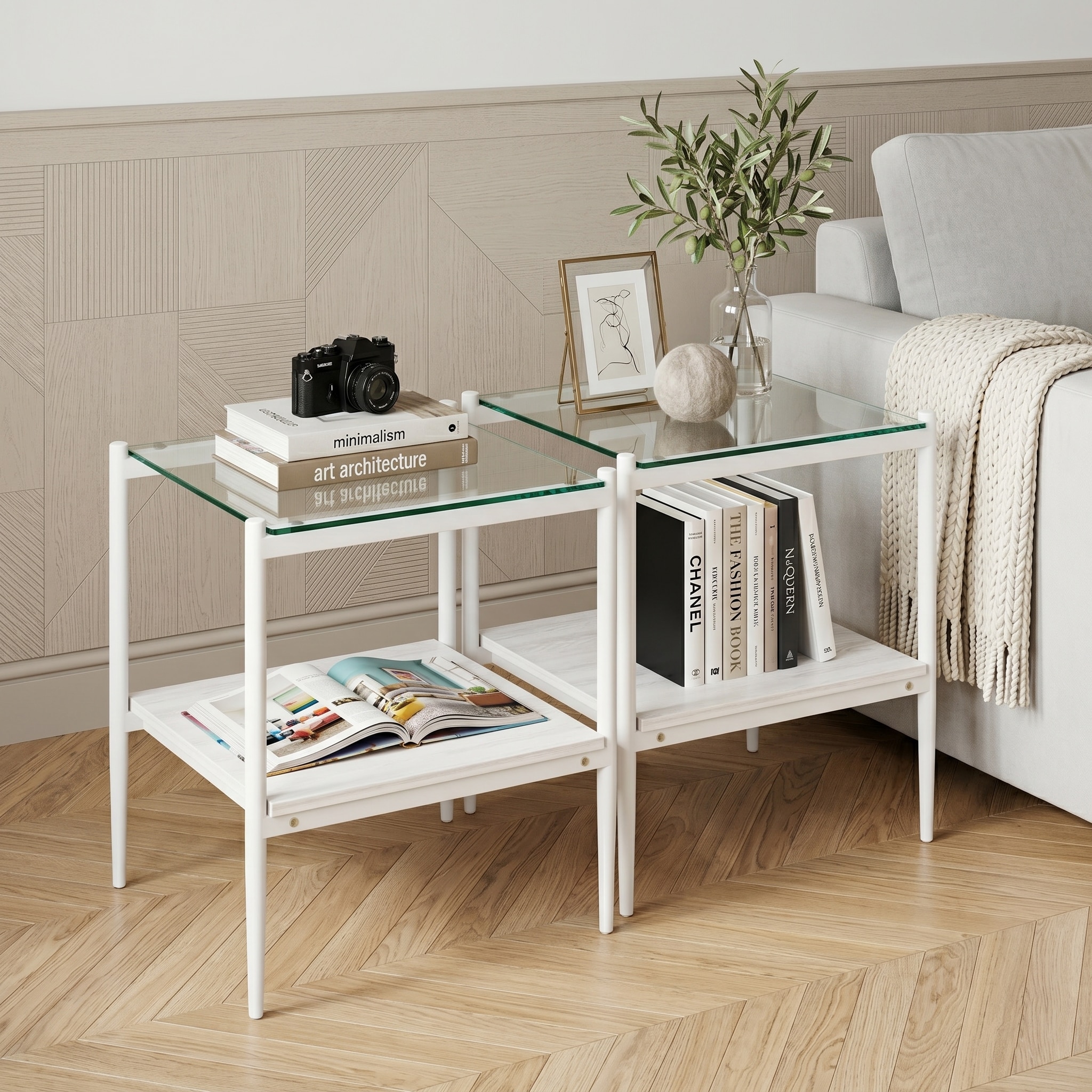 Set of 2 Rectangle End Table, Tempered Glass Tabletop with MDF layer, Modern Table for Living Room , Transparent Glass