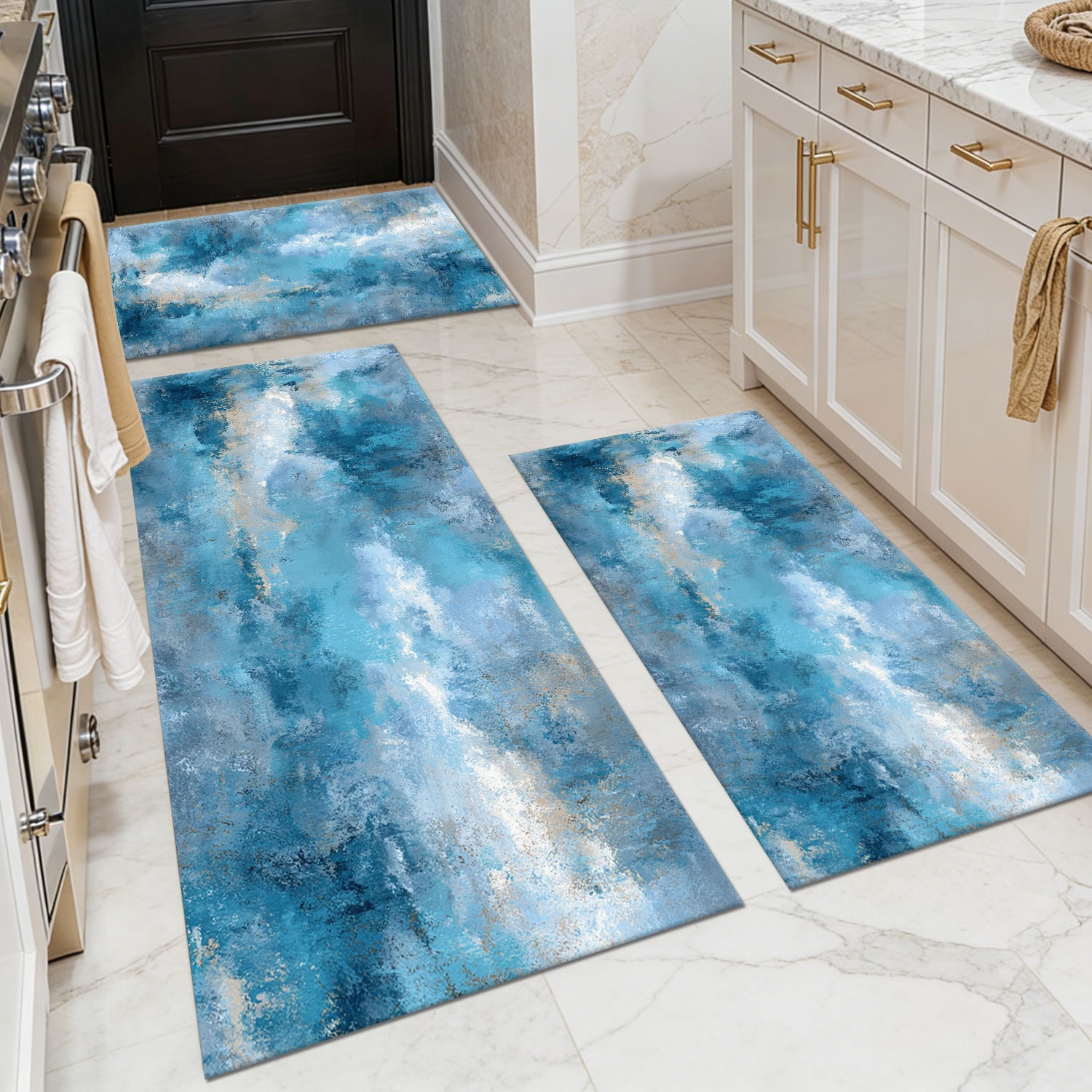 Three-piece kitchen rug set, non-slip and washable, abstract pattern kitchen hallway rug, soft and comfortable, suitable for sinks, floors, entrances, hallways and bathrooms.