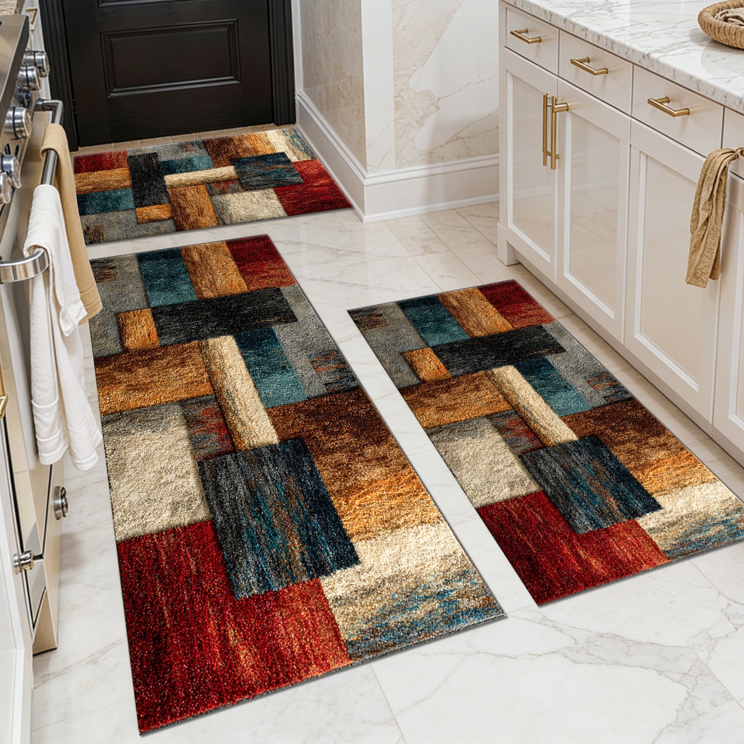 Three-piece kitchen rug set, non-slip and washable, abstract pattern kitchen hallway rug, soft and comfortable, suitable for sinks, floors, entrances, hallways and bathrooms.