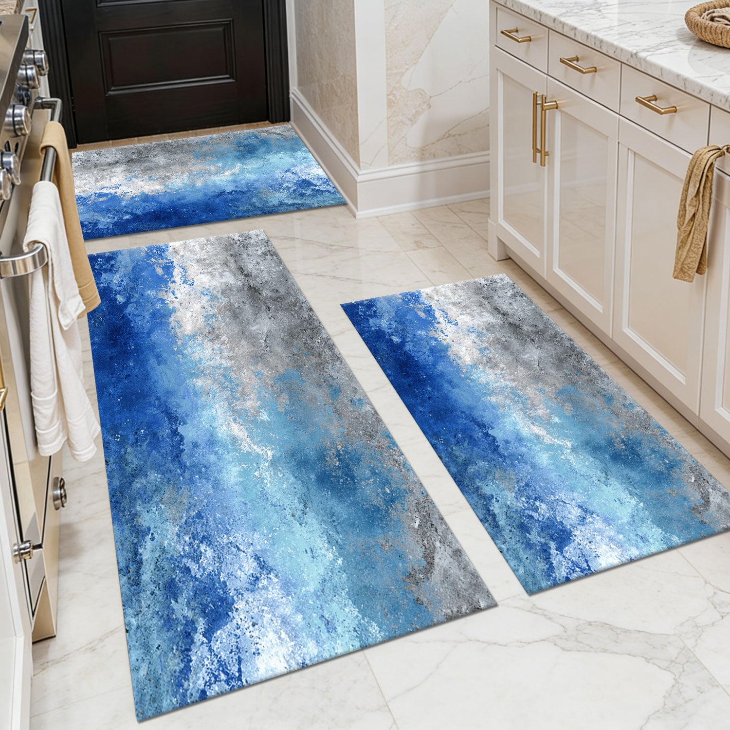 Three-piece kitchen rug set, non-slip and washable, abstract pattern kitchen hallway rug, soft and comfortable, suitable for sinks, floors, entrances, hallways and bathrooms.