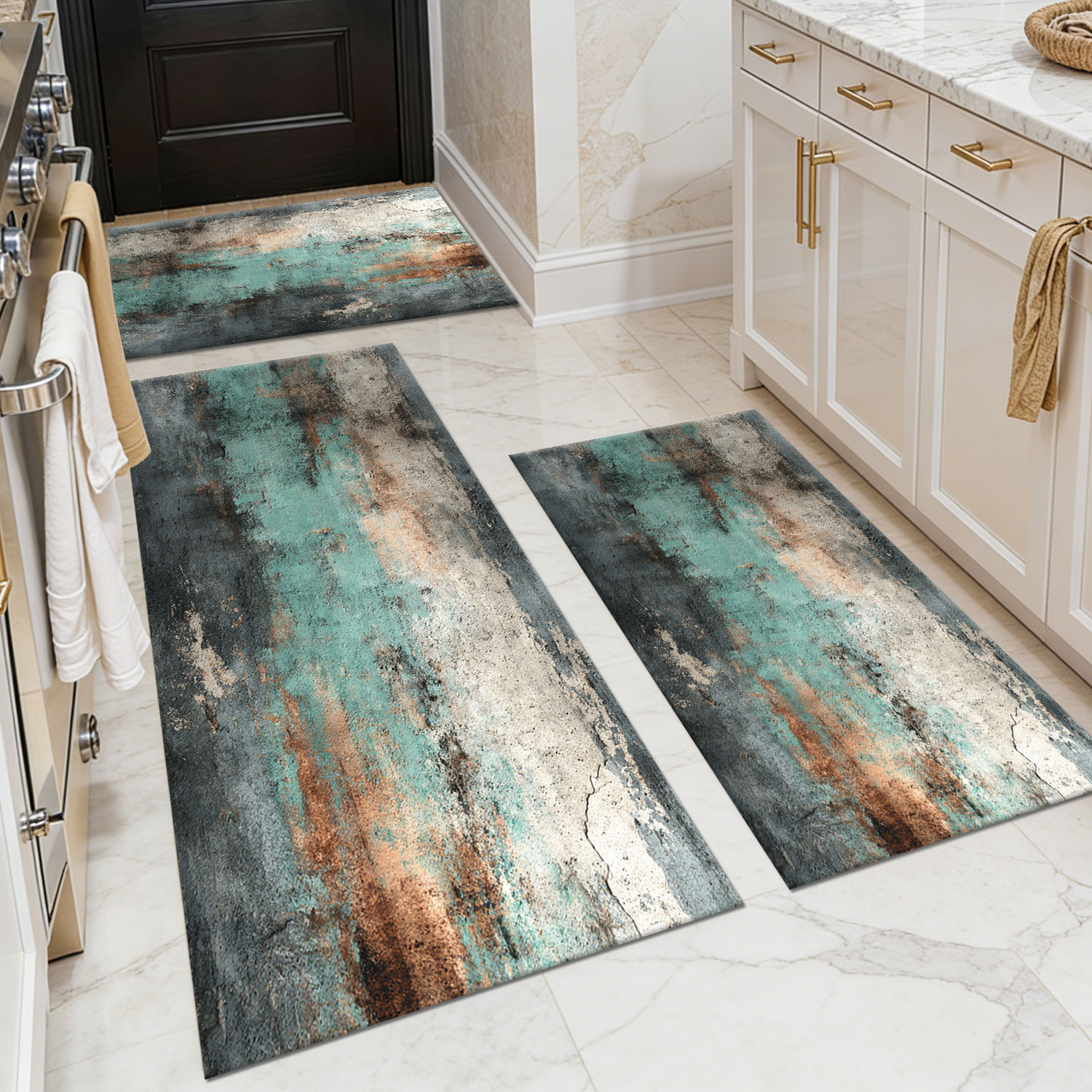 Three-piece kitchen rug set, non-slip and washable, abstract pattern kitchen hallway rug, soft and comfortable, suitable for sinks, floors, entrances, hallways and bathrooms.