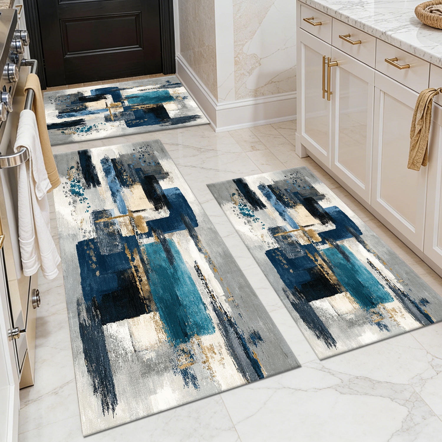 Three-piece kitchen rug set, non-slip and washable, abstract pattern kitchen hallway rug, soft and comfortable, suitable for sinks, floors, entrances, hallways and bathrooms.