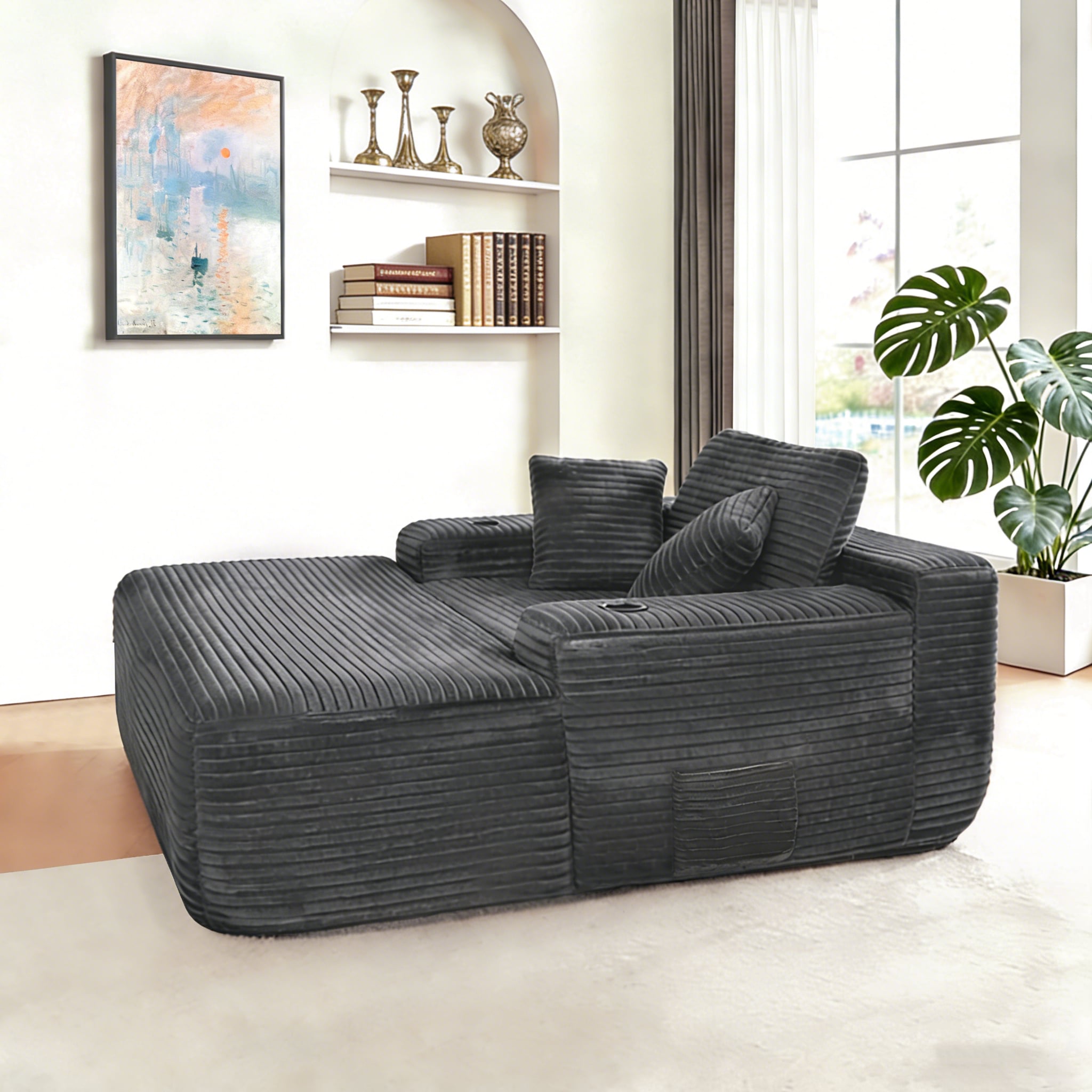 NEW Convertible Chaise Lounge Chair Plush with Wide Armrest & Throw Pillows, Cozy Boneless Sleeper Sofa Bed Armchair, with cup holder,for Living Room, Bedroom, No Assembly Required,GREY