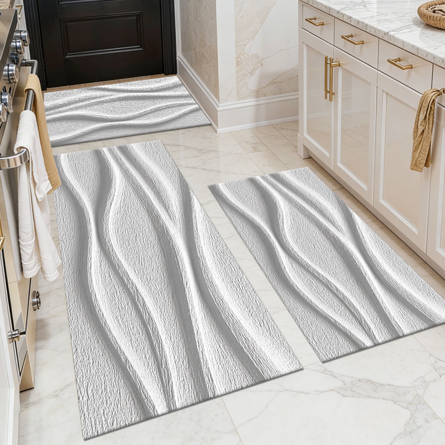 Three-piece kitchen rug set, non-slip and washable, abstract pattern kitchen hallway rug, soft and comfortable, suitable for sinks, floors, entrances, hallways and bathrooms.