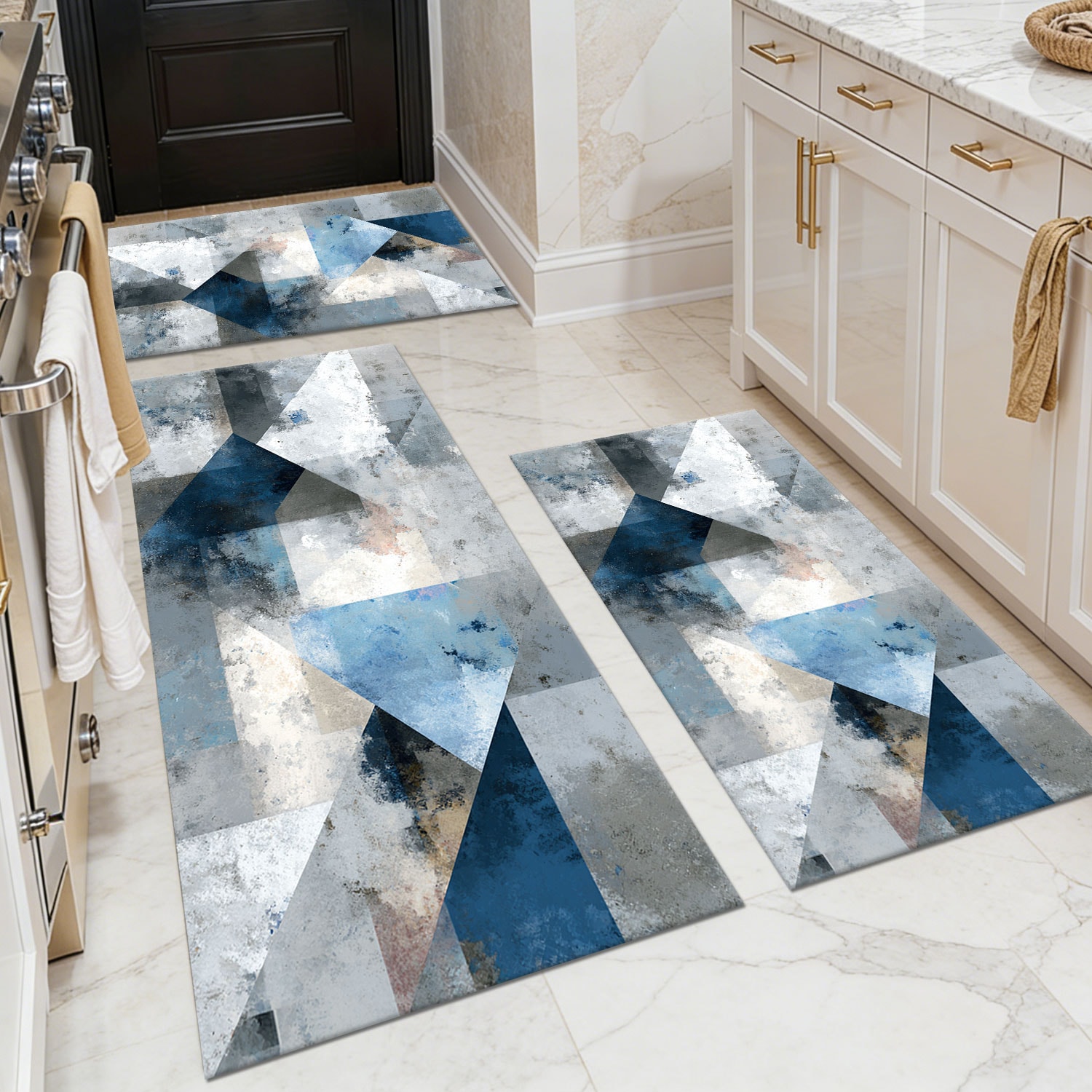Three-piece kitchen rug set, non-slip and washable, abstract pattern kitchen hallway rug, soft and comfortable, suitable for sinks, floors, entrances, hallways and bathrooms.
