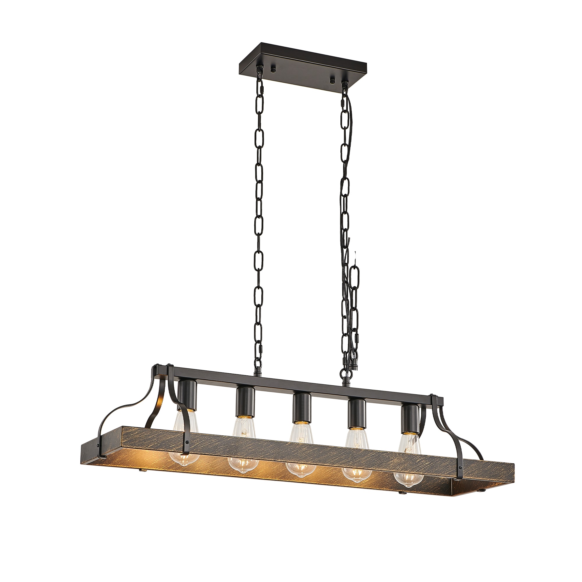 34-Inch Black Gold Vintage Pendant Light, 5 E26 Bulb Sockets, Adjustable Chain Height – Antique Style Chandelier for Dining Room, Kitchen, or Living Room (Bulb Not Included)