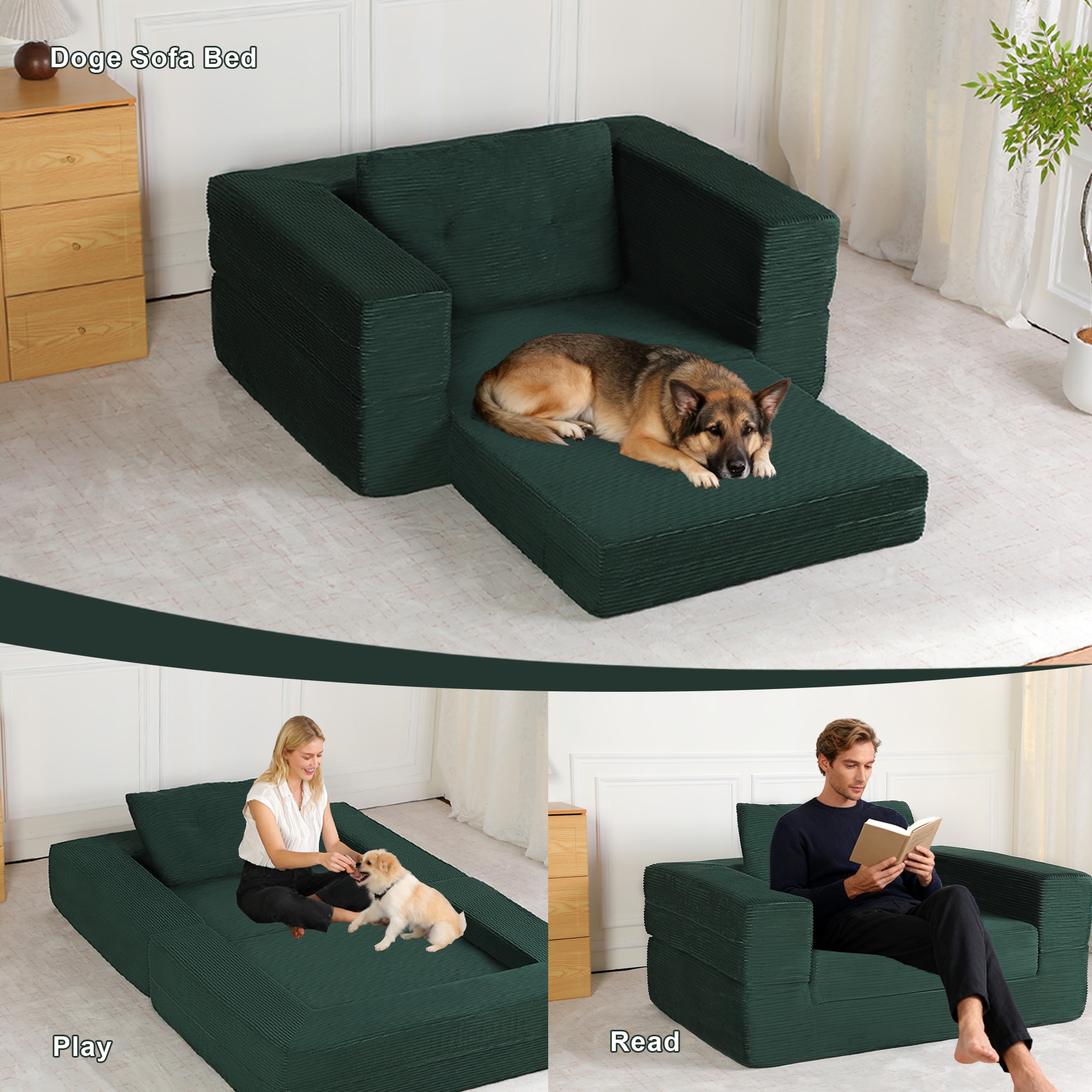 Compression Human Dog Sofa Bed for Adult & Pets,Modern Floor Couch With Pillow for Living Room Bedroom,Corduroy Fabric,No Assembly Required, Dark Green