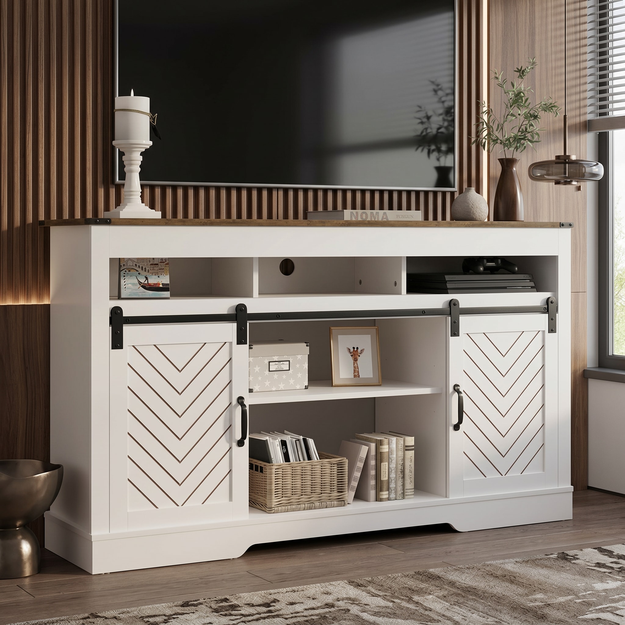 Farmhouse TV Stand for 65+ Inch TV, Tall Entertainment Center with Sliding Barn Doors, Rustic Wood Storage Cabinet Television Media Console for Living Room, Bedroom (Wood-Tone and White)