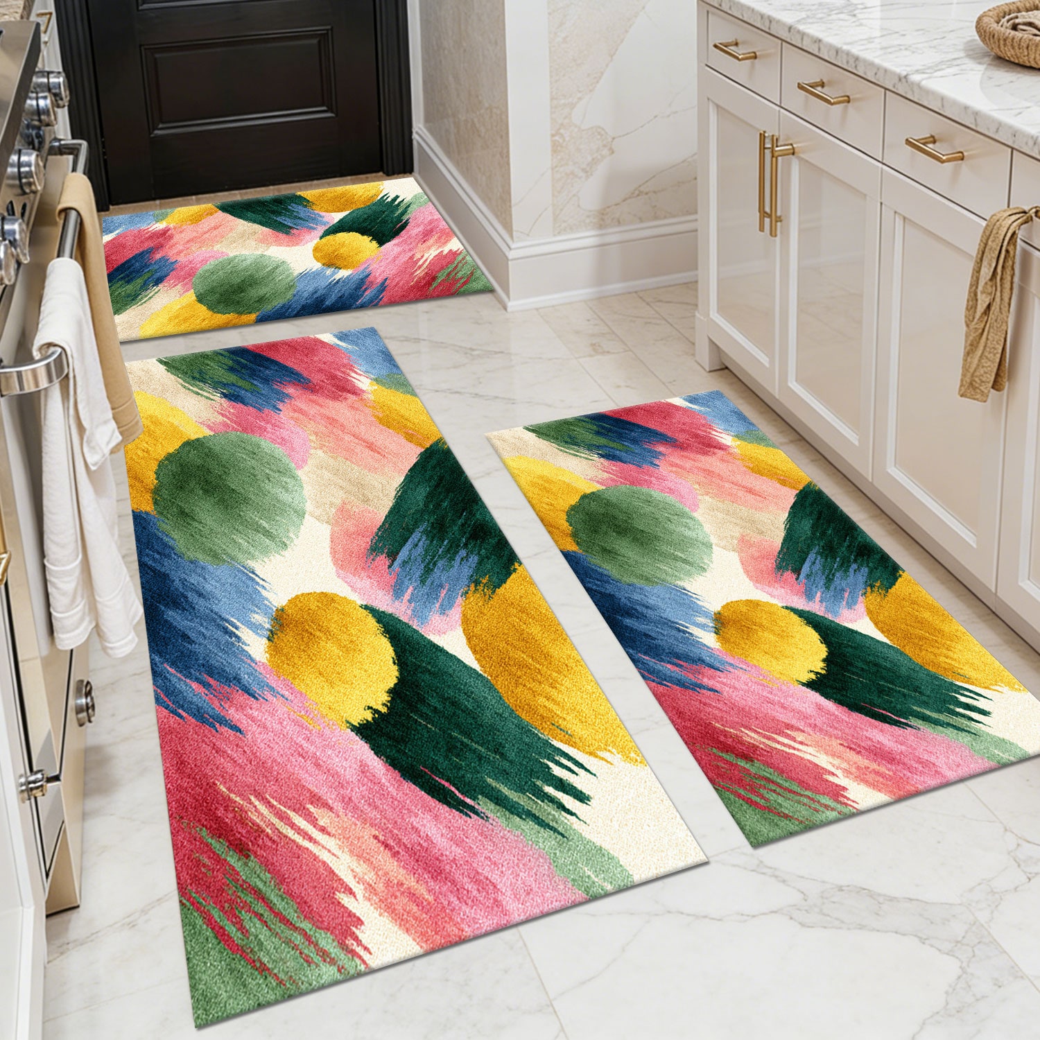 Three-piece kitchen rug set, non-slip and washable, abstract pattern kitchen hallway rug, soft and comfortable, suitable for sinks, floors, entrances, hallways and bathrooms.