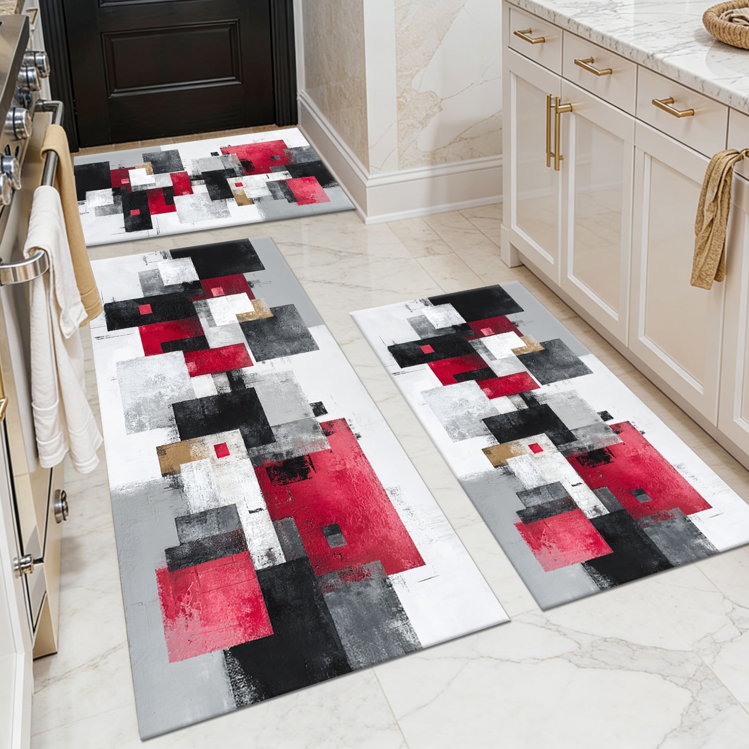 Three-piece kitchen rug set, non-slip and washable, abstract pattern kitchen hallway rug, soft and comfortable, suitable for sinks, floors, entrances, hallways and bathrooms.