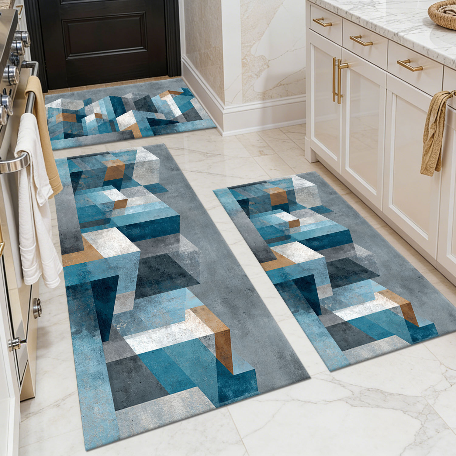 Three-piece kitchen rug set, non-slip and washable, abstract pattern kitchen hallway rug, soft and comfortable, suitable for sinks, floors, entrances, hallways and bathrooms.