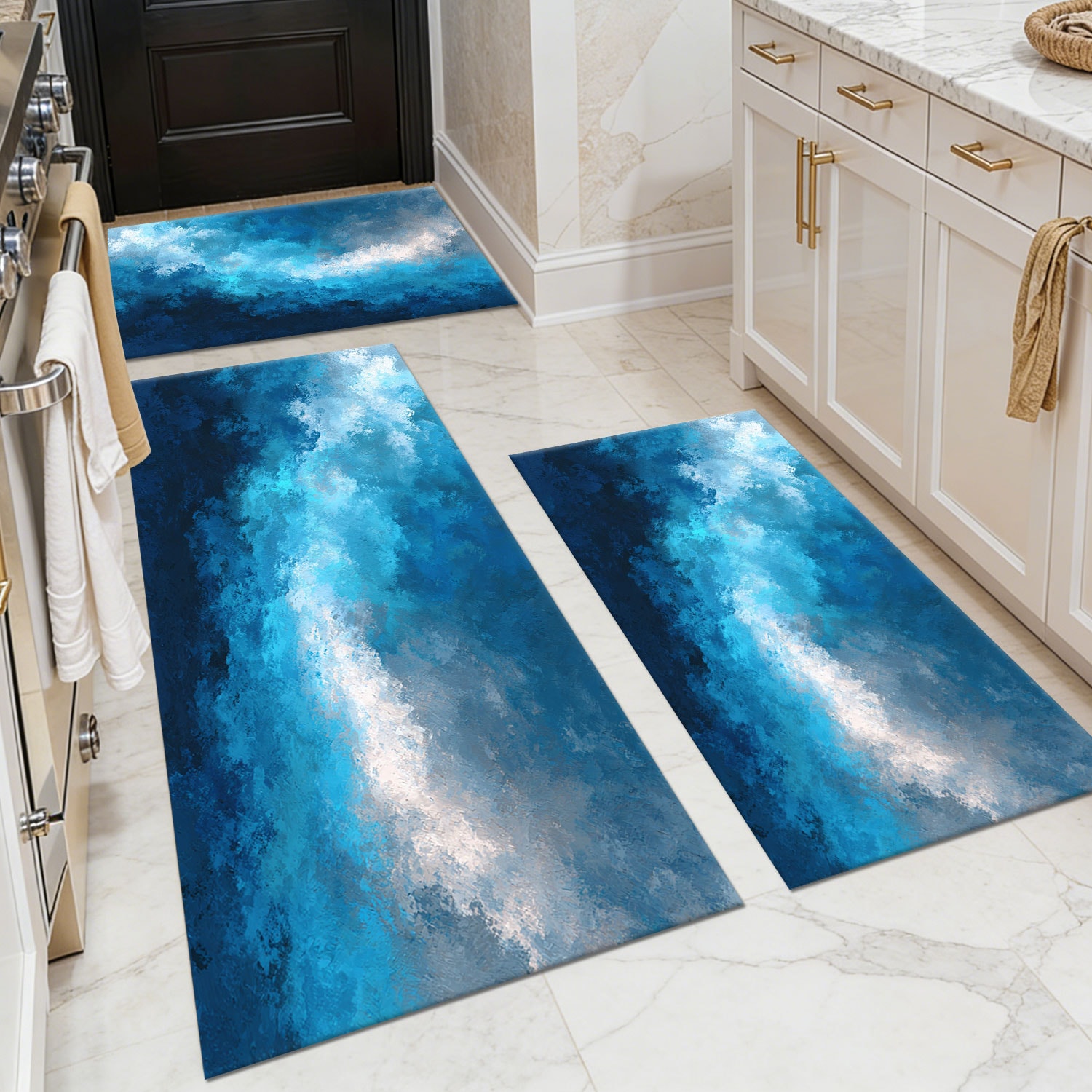 Three-piece kitchen rug set, non-slip and washable, abstract pattern kitchen hallway rug, soft and comfortable, suitable for sinks, floors, entrances, hallways and bathrooms.