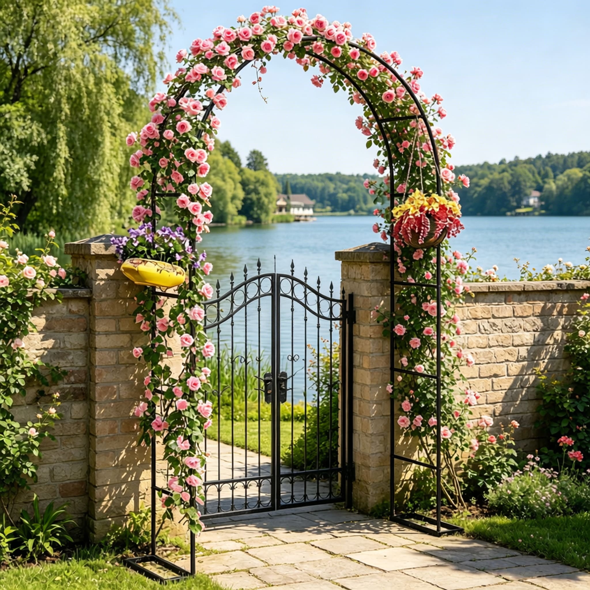Black 8 ft Steel Garden Arch, Garden Arbor Trellis with Large Base for Climbing Plants, Wedding Arch Stand