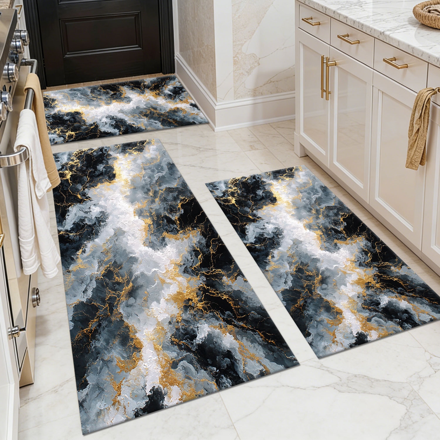 Three-piece kitchen rug set, non-slip and washable, abstract pattern kitchen hallway rug, soft and comfortable, suitable for sinks, floors, entrances, hallways and bathrooms.
