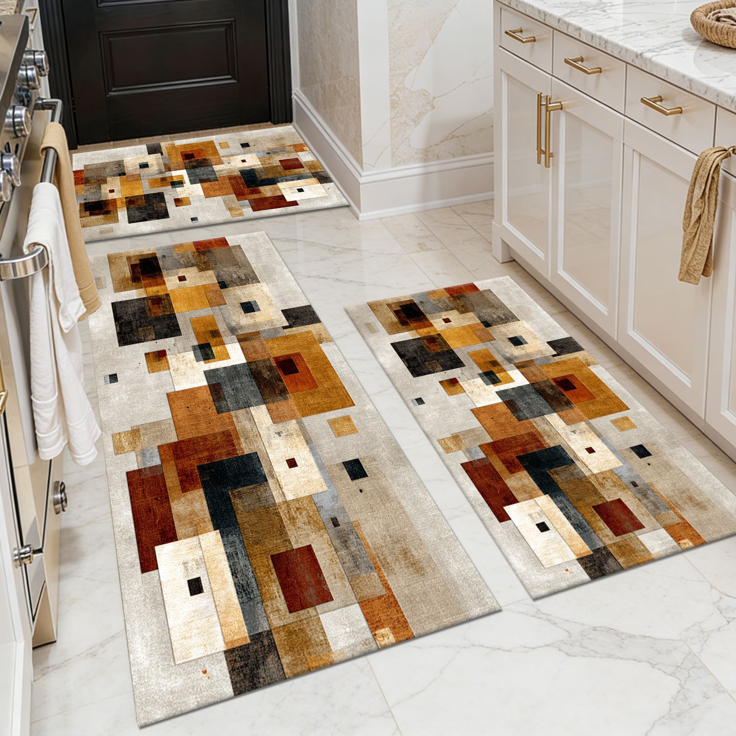 Three-piece kitchen rug set, non-slip and washable, abstract pattern kitchen hallway rug, soft and comfortable, suitable for sinks, floors, entrances, hallways and bathrooms.