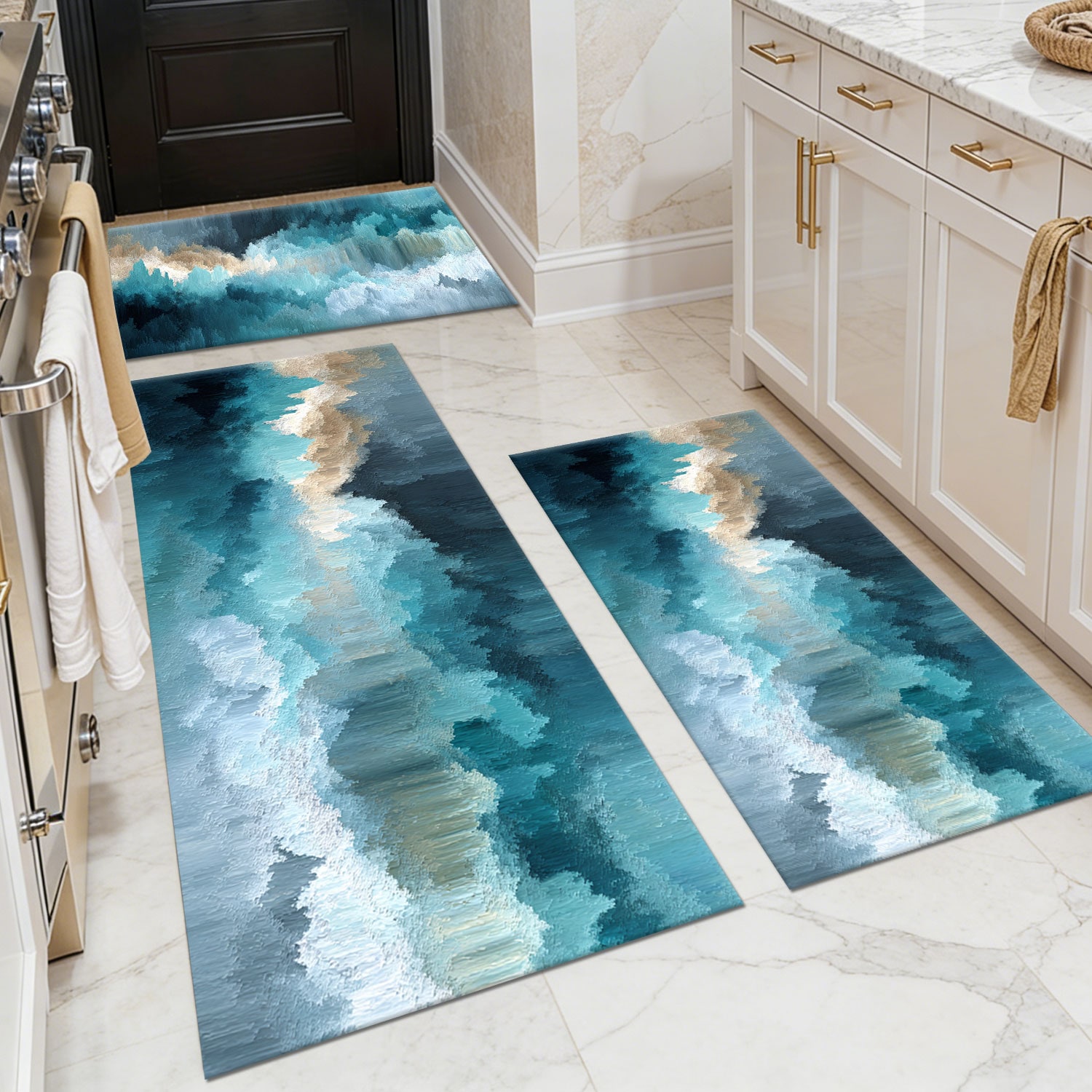 Three-piece kitchen rug set, non-slip and washable, abstract pattern kitchen hallway rug, soft and comfortable, suitable for sinks, floors, entrances, hallways and bathrooms.