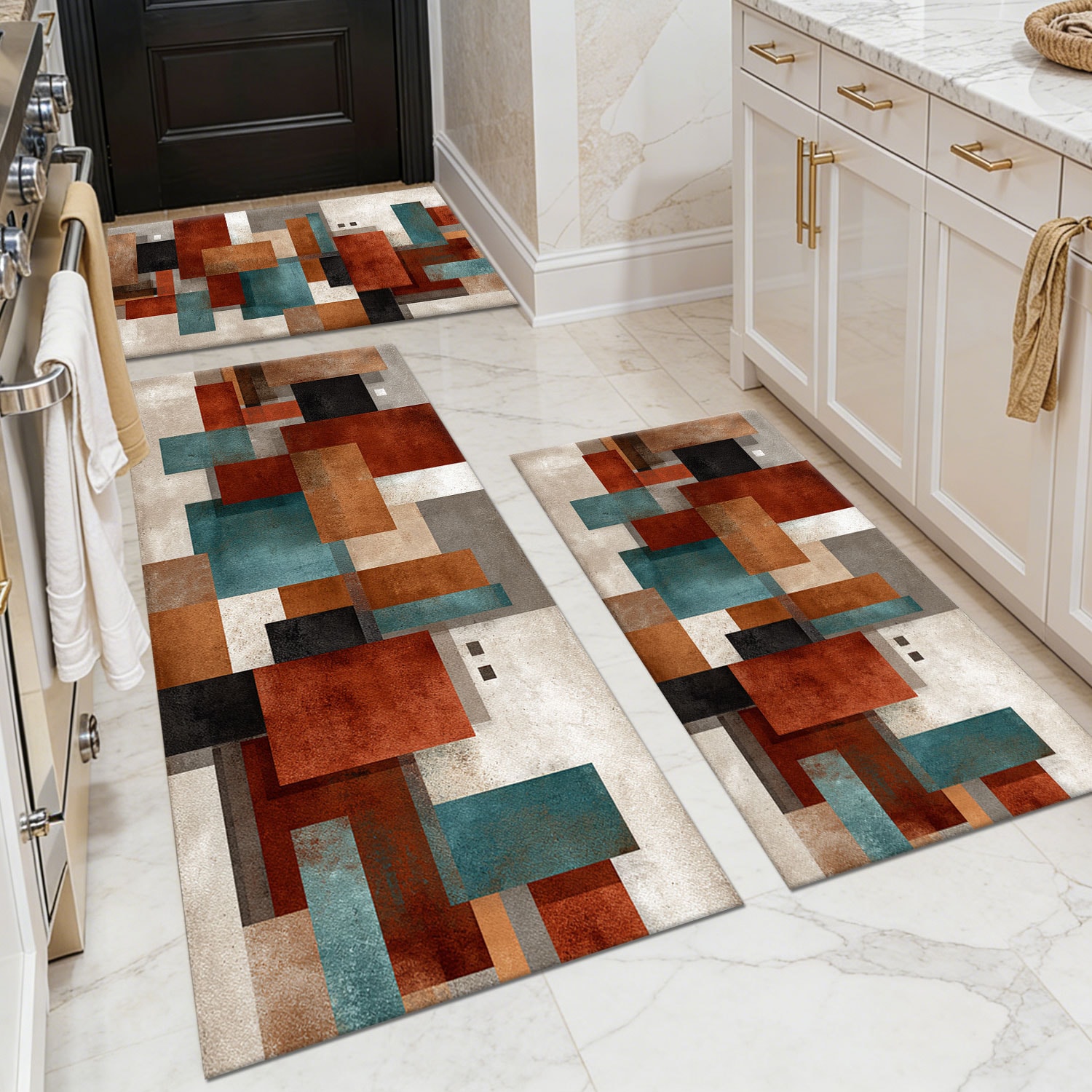 Three-piece kitchen rug set, non-slip and washable, abstract pattern kitchen hallway rug, soft and comfortable, suitable for sinks, floors, entrances, hallways and bathrooms.