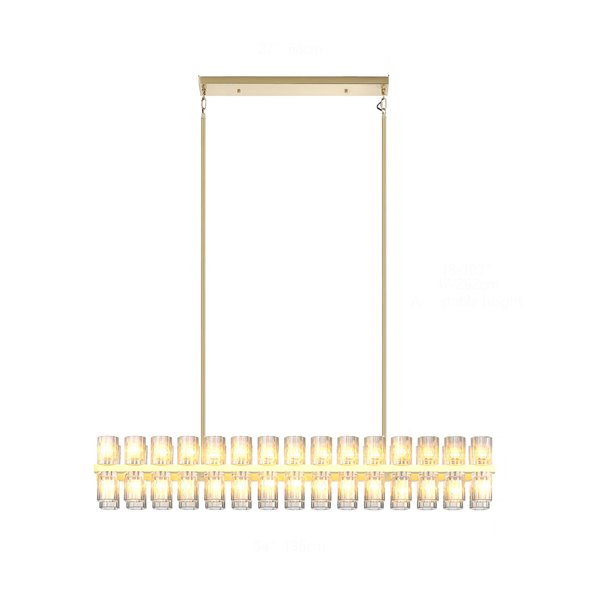 Crystal Brass Rectangle Chandeliers for Dining Room, 54in Gold Farmhouse Chandeliers for Dining Room, Modern Rectangle Crystal Chandelier for Kitchen Island Living Room, Includes 60XG4 Bulbs