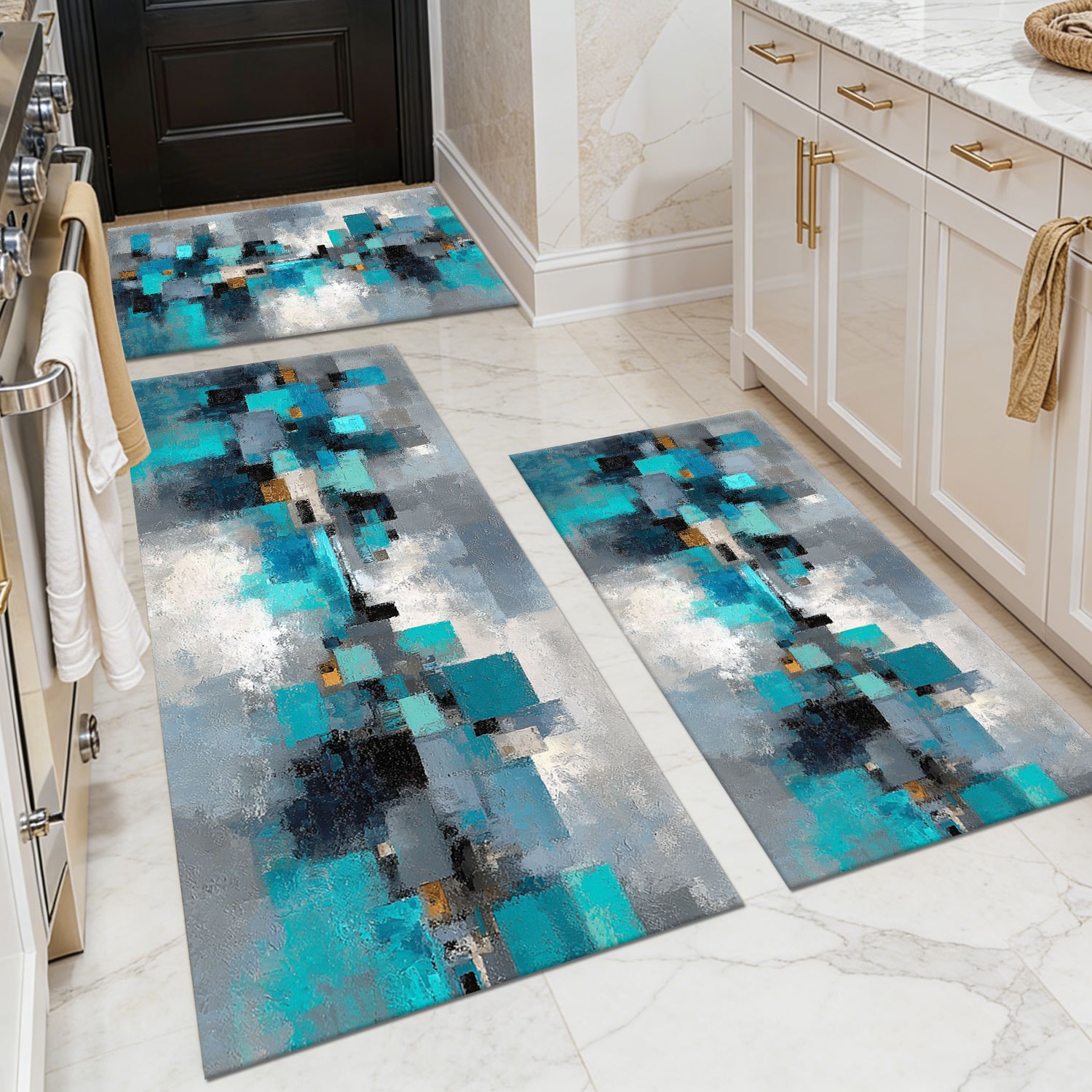Three-piece kitchen rug set, non-slip and washable, abstract pattern kitchen hallway rug, soft and comfortable, suitable for sinks, floors, entrances, hallways and bathrooms.