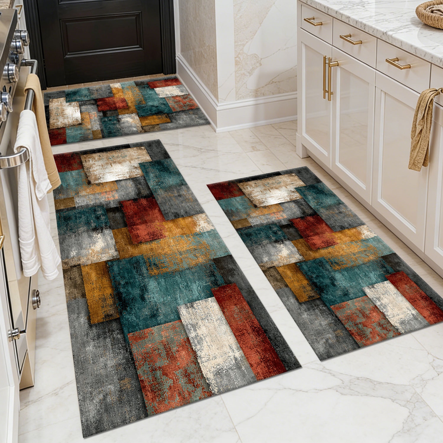 Three-piece kitchen rug set, non-slip and washable, abstract pattern kitchen hallway rug, soft and comfortable, suitable for sinks, floors, entrances, hallways and bathrooms.