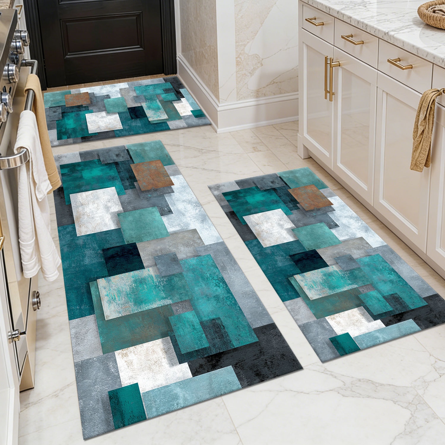 Three-piece kitchen rug set, non-slip and washable, abstract pattern kitchen hallway rug, soft and comfortable, suitable for sinks, floors, entrances, hallways and bathrooms.