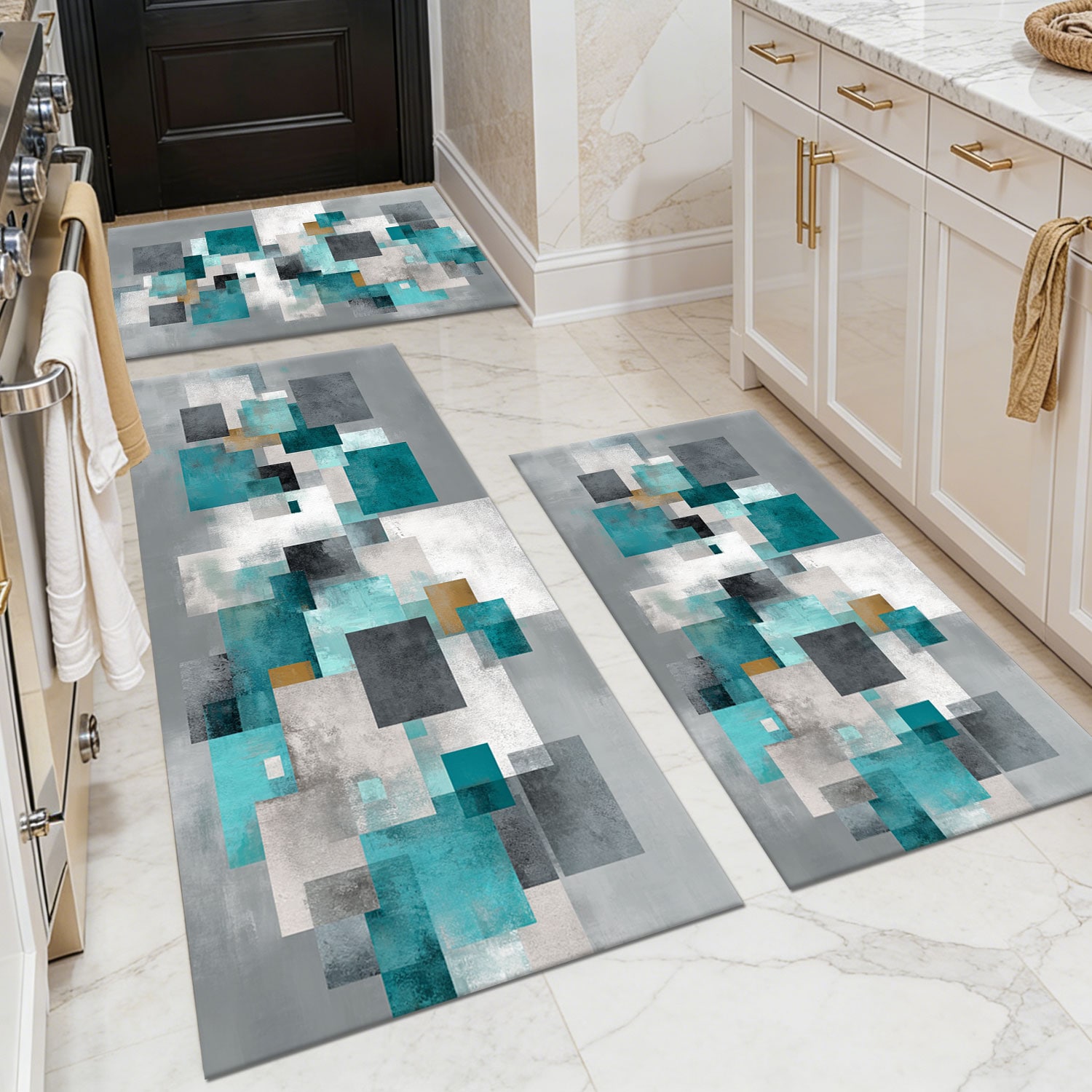 Three-piece kitchen rug set, non-slip and washable, abstract pattern kitchen hallway rug, soft and comfortable, suitable for sinks, floors, entrances, hallways and bathrooms.
