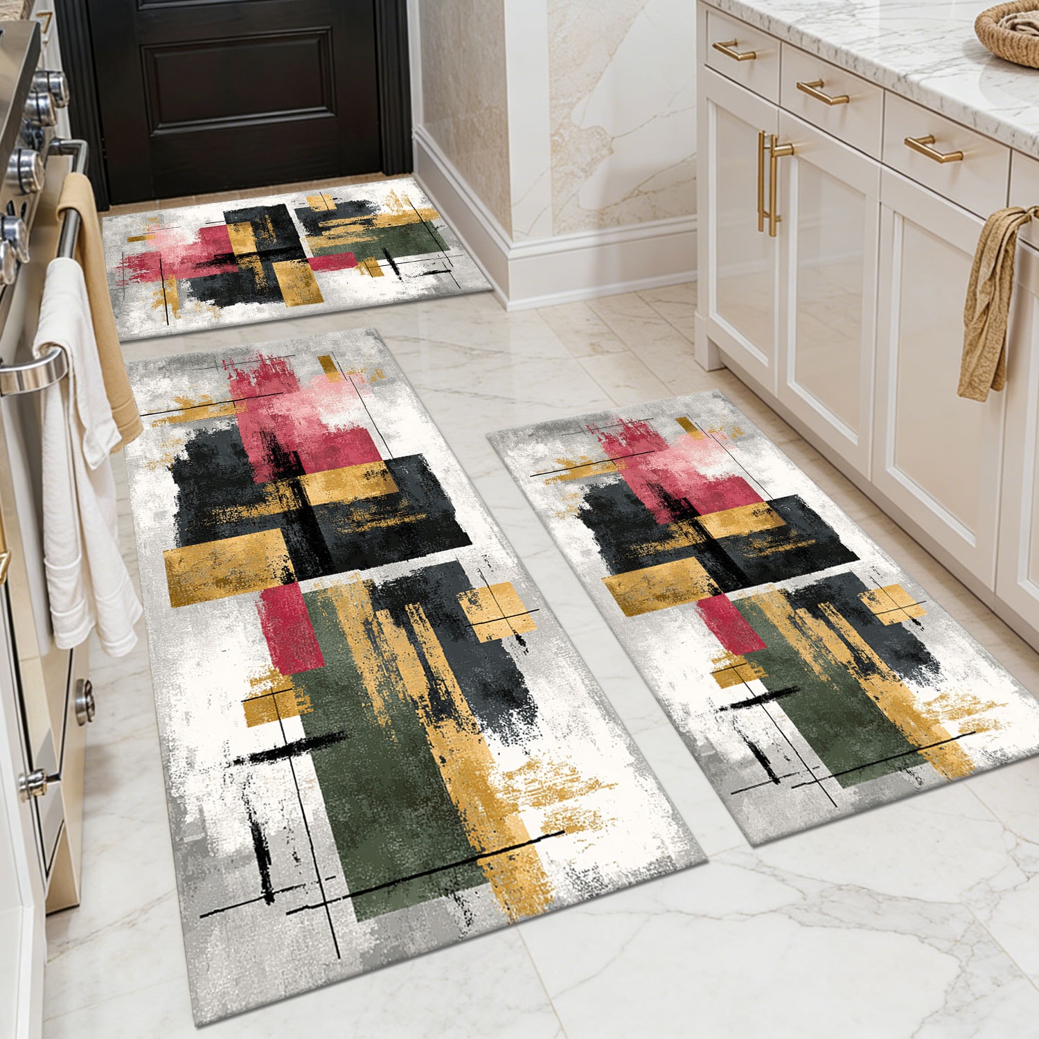 Three-piece kitchen rug set, non-slip and washable, abstract pattern kitchen hallway rug, soft and comfortable, suitable for sinks, floors, entrances, hallways and bathrooms.