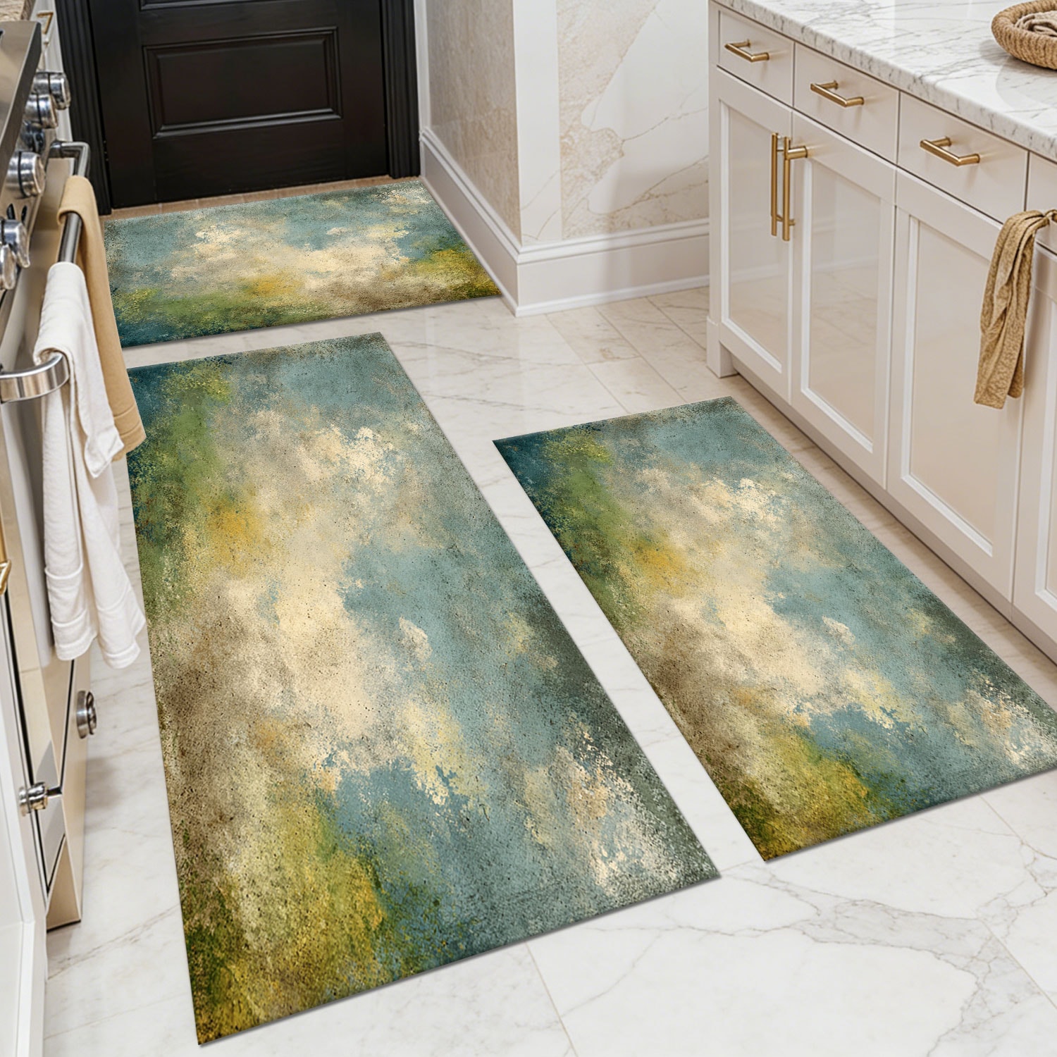 Three-piece kitchen rug set, non-slip and washable, abstract pattern kitchen hallway rug, soft and comfortable, suitable for sinks, floors, entrances, hallways and bathrooms.