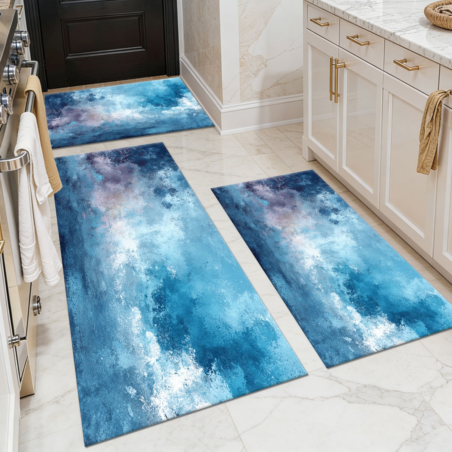 Three-piece kitchen rug set, non-slip and washable, abstract pattern kitchen hallway rug, soft and comfortable, suitable for sinks, floors, entrances, hallways and bathrooms.