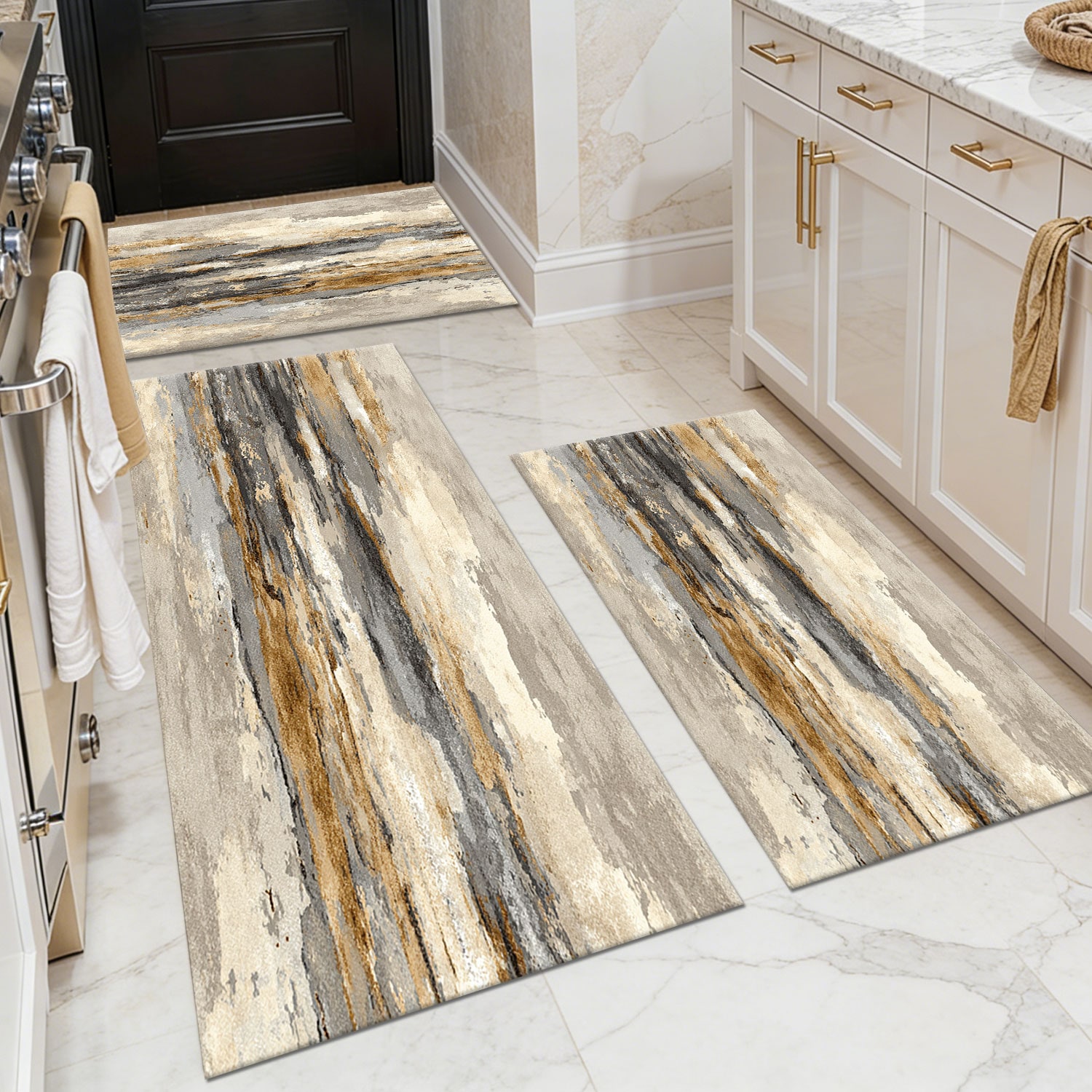Three-piece kitchen rug set, non-slip and washable, abstract pattern kitchen hallway rug, soft and comfortable, suitable for sinks, floors, entrances, hallways and bathrooms.