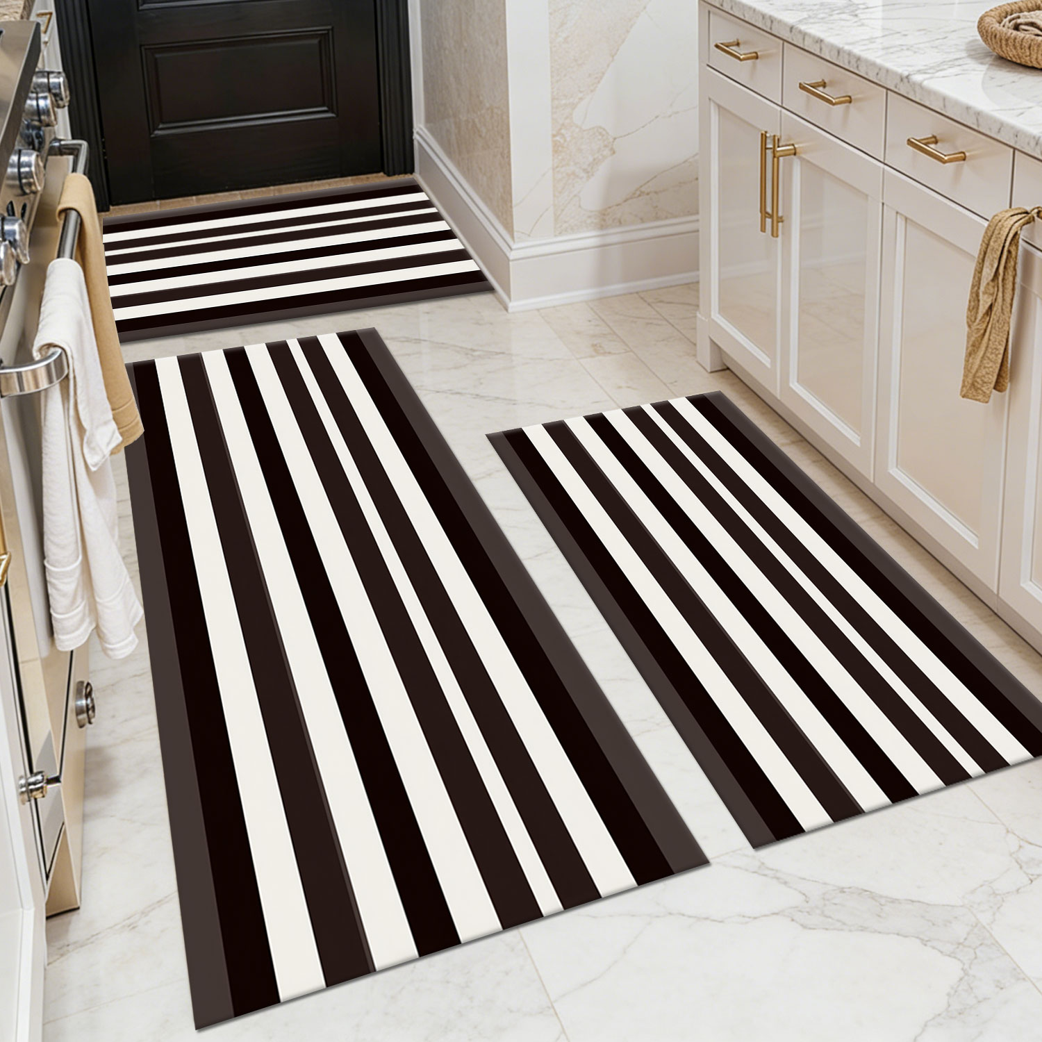 Three-piece kitchen rug set, non-slip and washable, abstract pattern kitchen hallway rug, soft and comfortable, suitable for sinks, floors, entrances, hallways and bathrooms.
