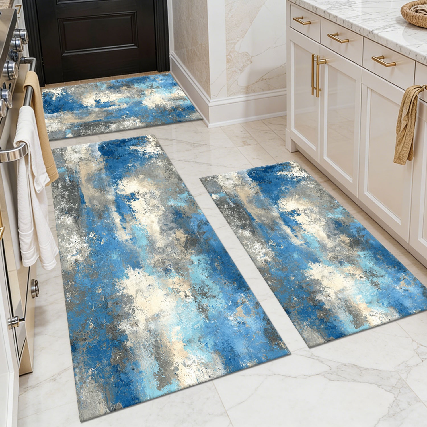 Three-piece kitchen rug set, non-slip and washable, abstract pattern kitchen hallway rug, soft and comfortable, suitable for sinks, floors, entrances, hallways and bathrooms.