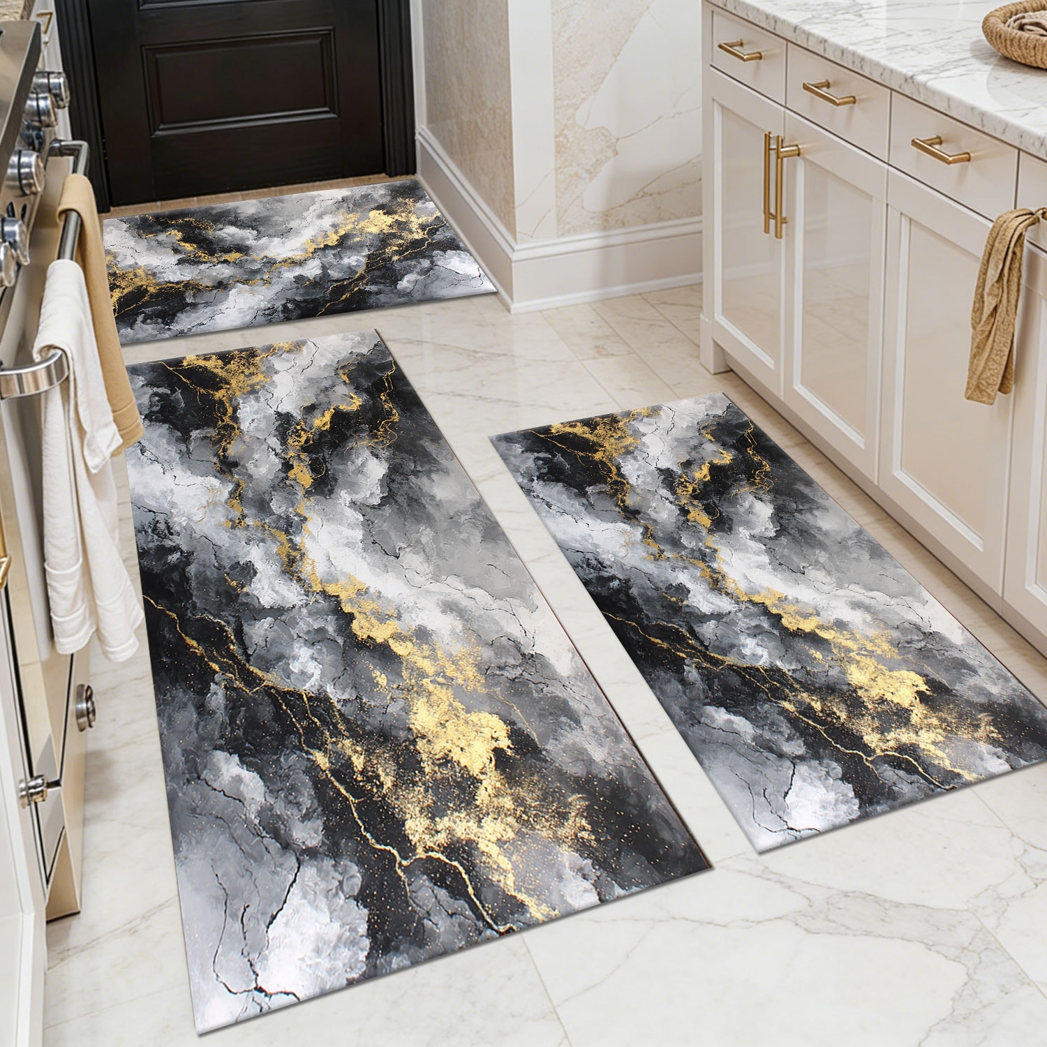 Three-piece kitchen rug set, non-slip and washable, abstract pattern kitchen hallway rug, soft and comfortable, suitable for sinks, floors, entrances, hallways and bathrooms.