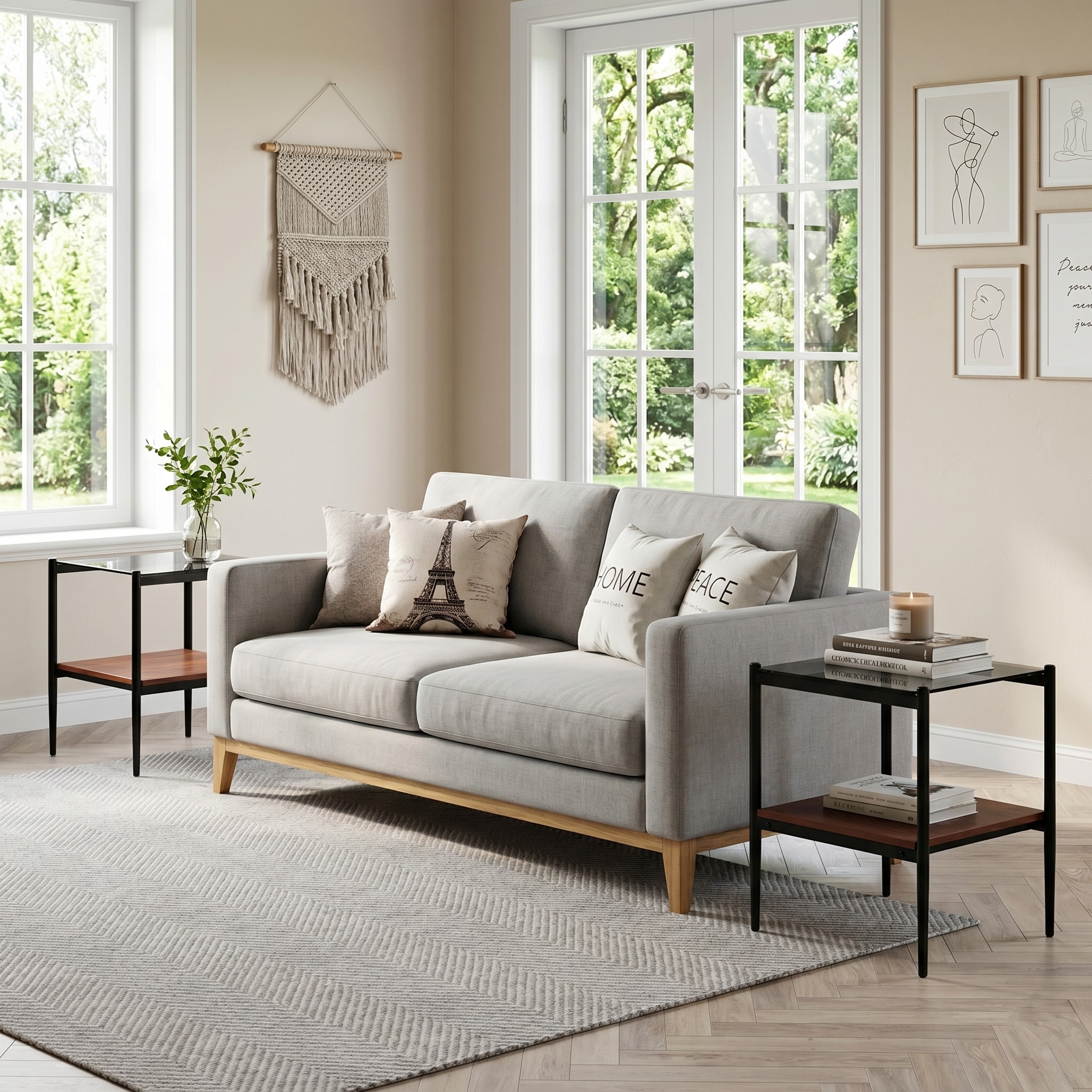 Set of 2 Rectangle End Table, Tempered Glass Tabletop with MDF layer, Modern Table for Living Room , Gray Glass