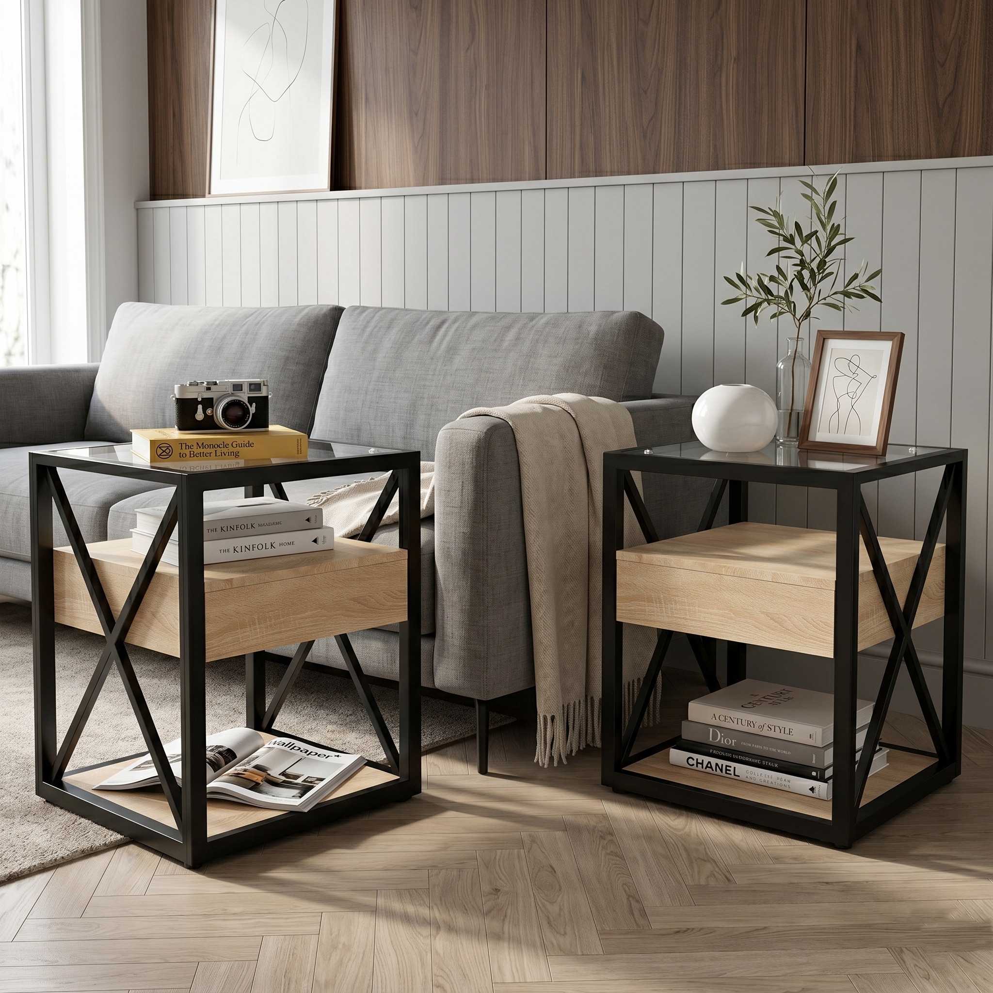 Set of 2 Modern End Table with Drawer - Nightstand for Bedroom & Living Room, Natural Wood MDF & Tempered Glass Top, Industrial Style Side Table