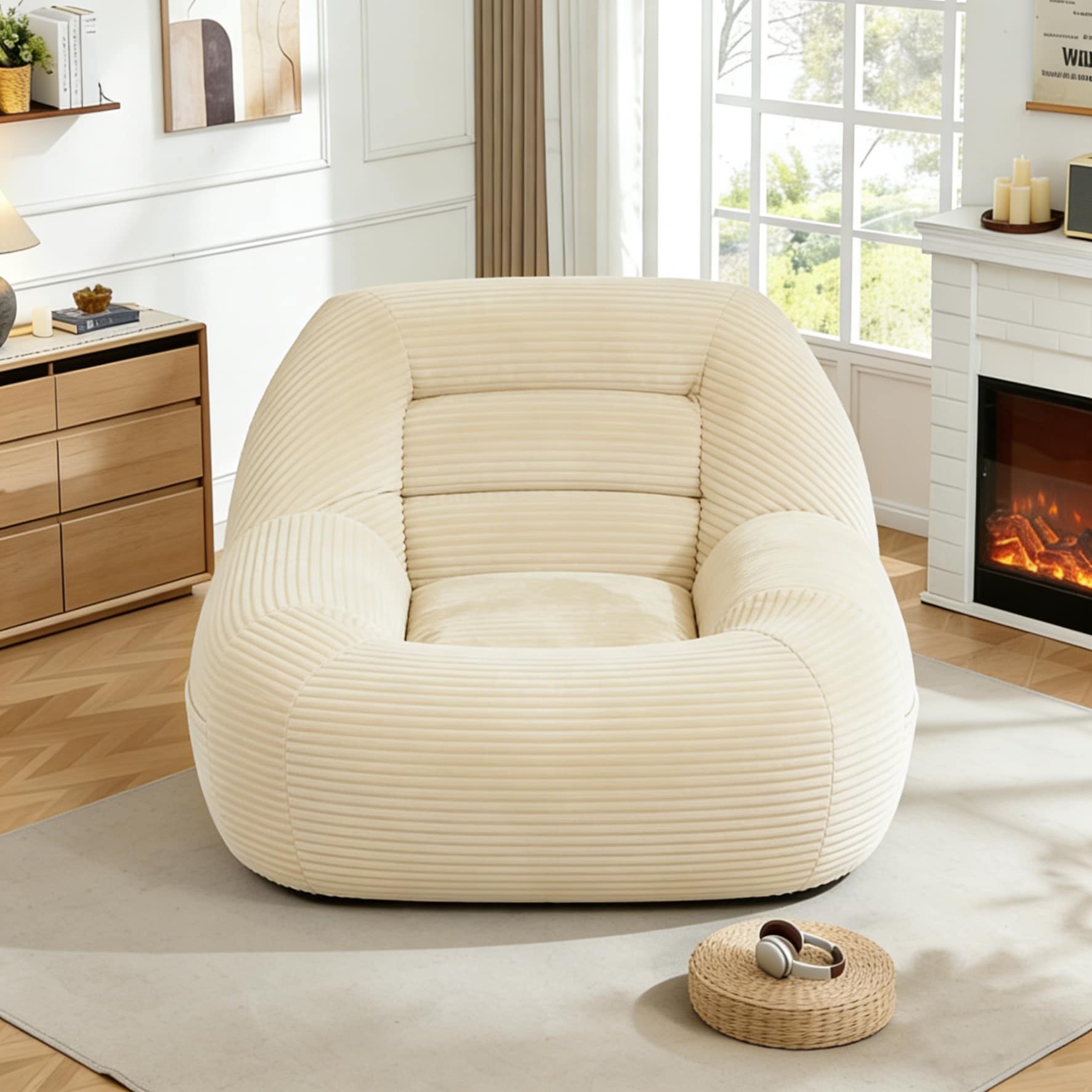 Corduroy Fabric Beanbag Couch for Living Room, Bedroom & Dorm, Cozy Fluffy Cloud Mini Couch,CAMEL