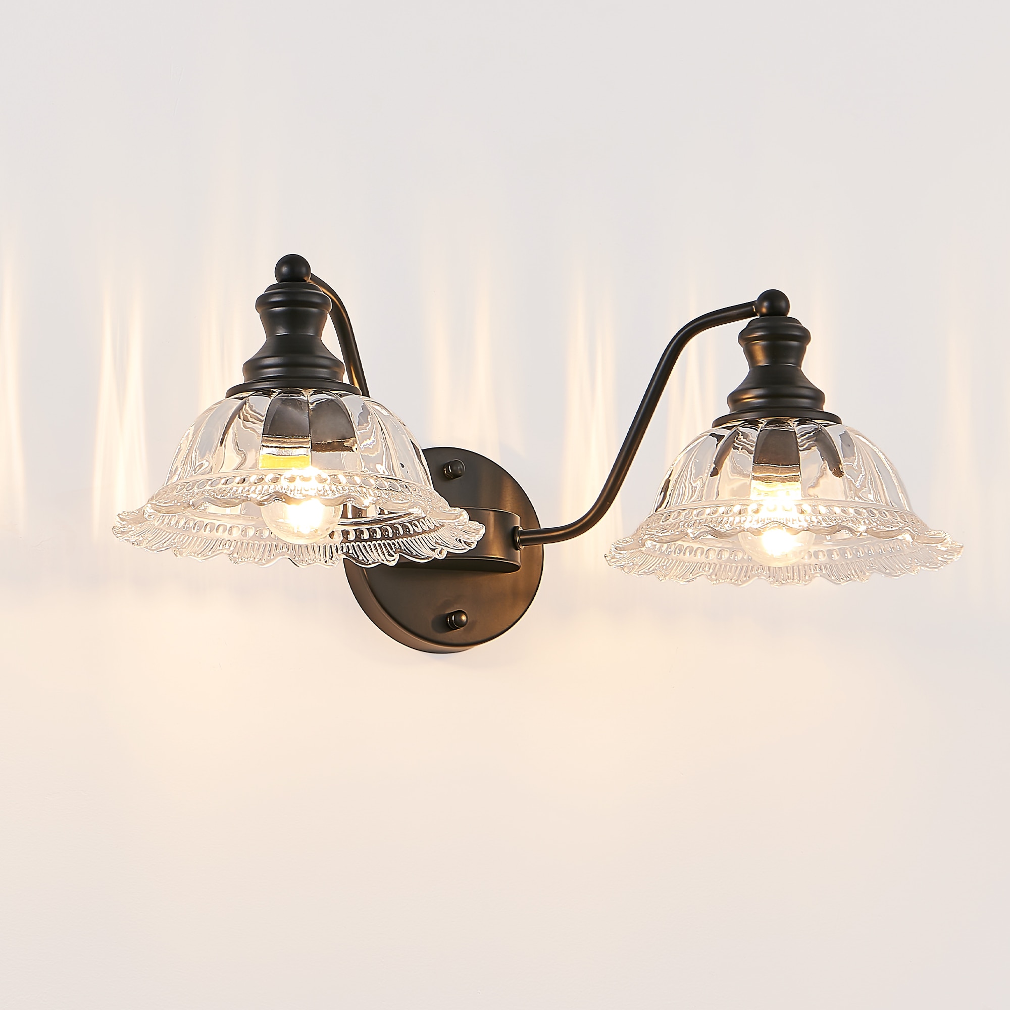 20 Inch 2-Light Vintage Bathroom Wall Sconce – Elegant Black Metal and Glass Lampshade Vanity Light Fixture for Bathroom, Hallway, or Bedroom (Bulb Not Included)