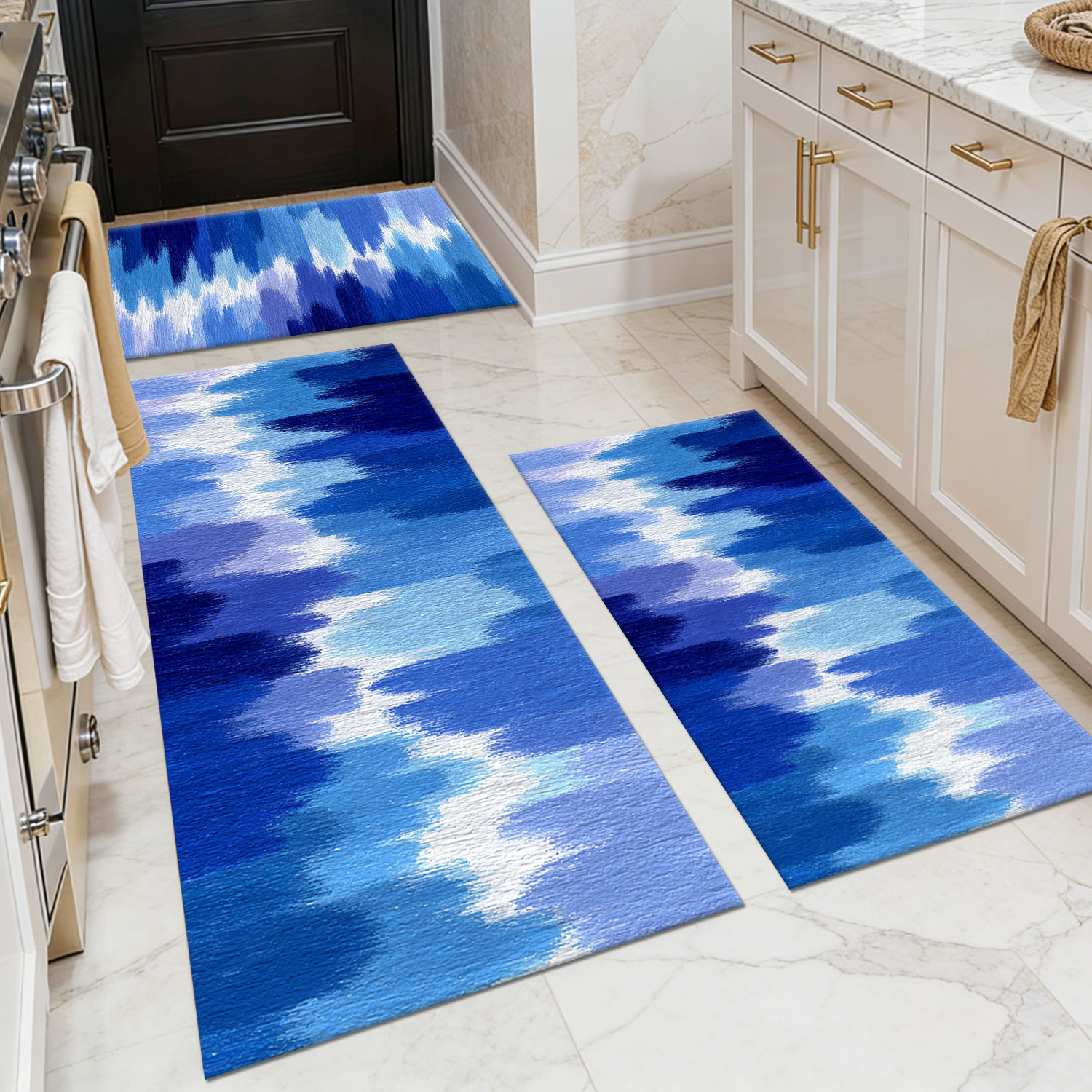 Three-piece kitchen rug set, non-slip and washable, abstract pattern kitchen hallway rug, soft and comfortable, suitable for sinks, floors, entrances, hallways and bathrooms.