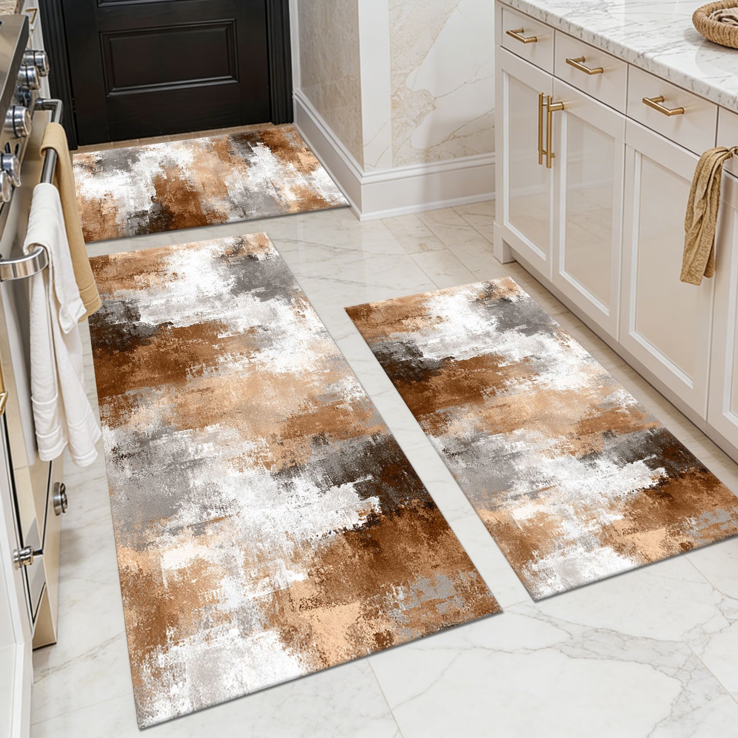 Three-piece kitchen rug set, non-slip and washable, abstract pattern kitchen hallway rug, soft and comfortable, suitable for sinks, floors, entrances, hallways and bathrooms.