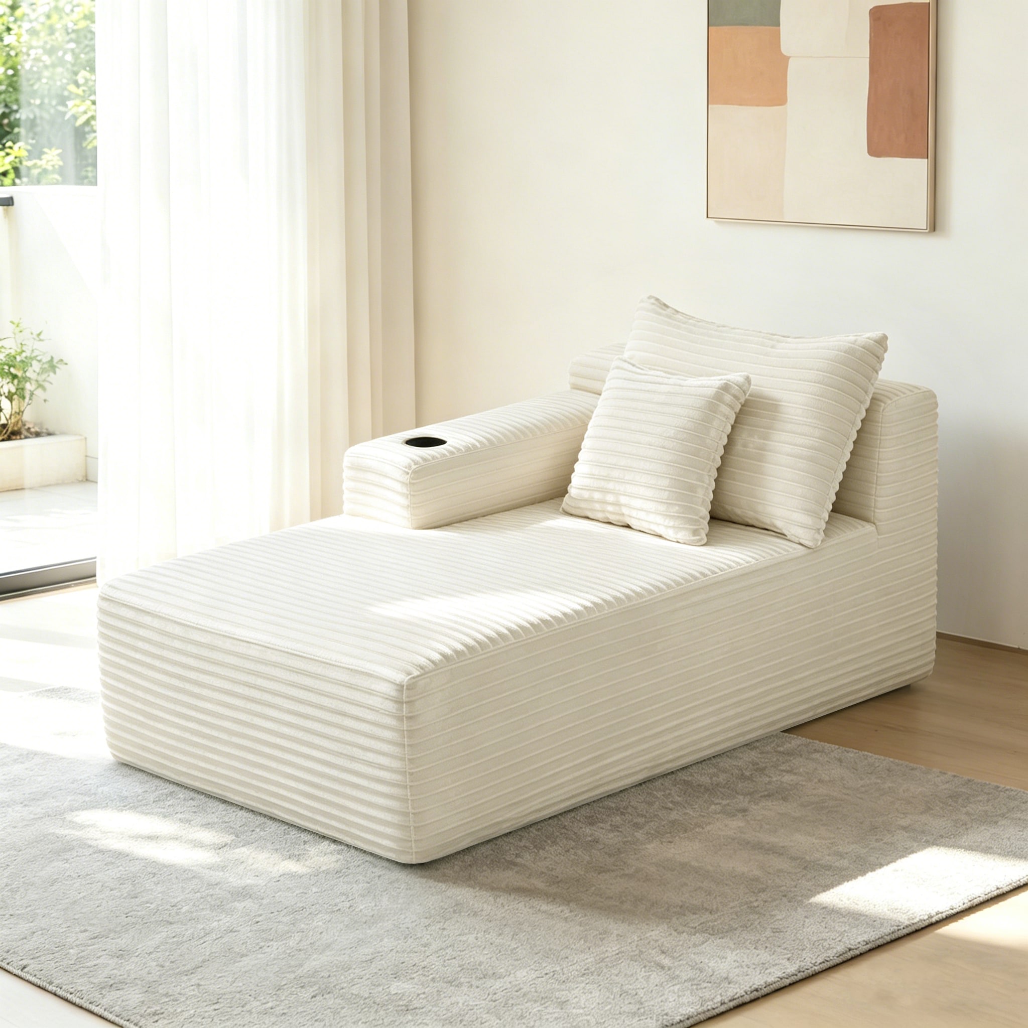 37.5-inch left chaise longue with plush white velvet, cup holder, flexible matching, mainly for living room use.