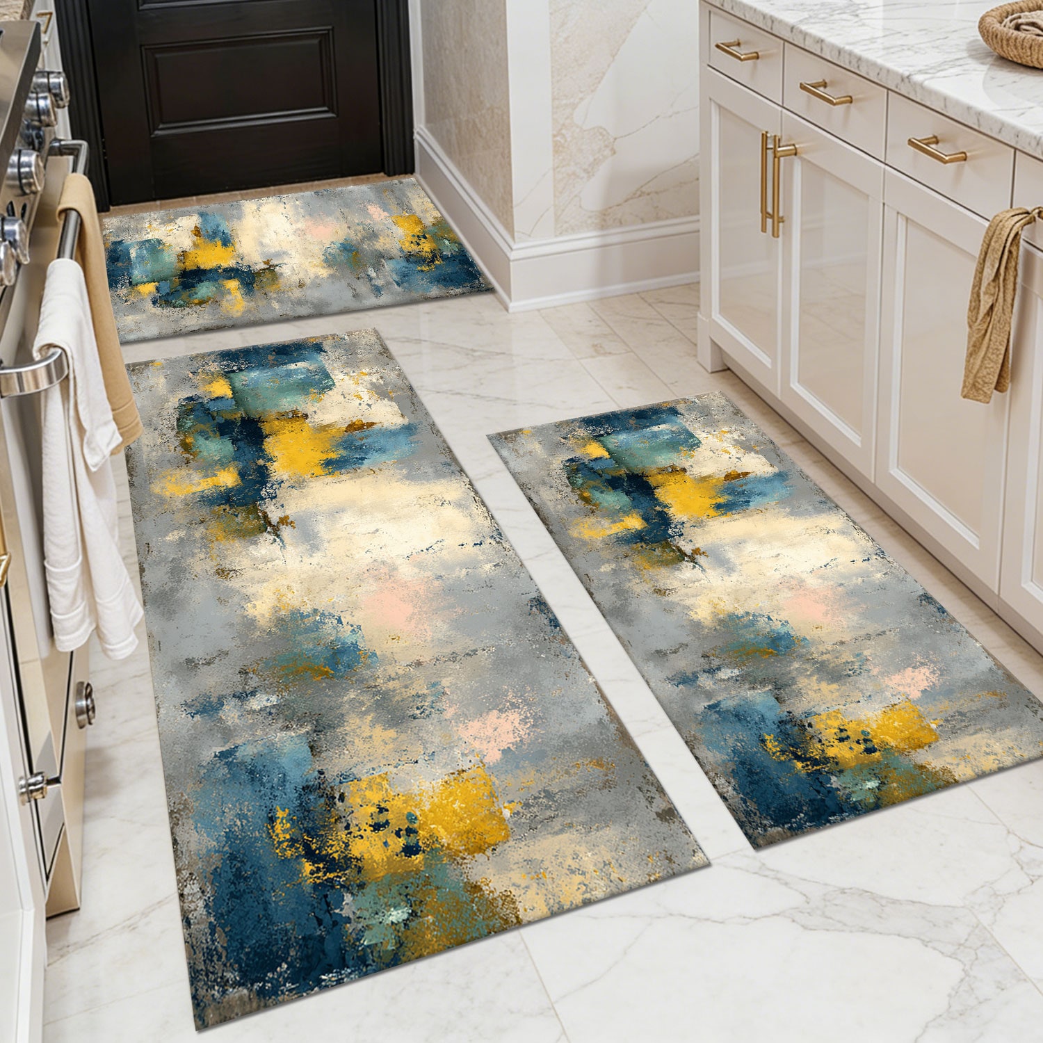 Three-piece kitchen rug set, non-slip and washable, abstract pattern kitchen hallway rug, soft and comfortable, suitable for sinks, floors, entrances, hallways and bathrooms.