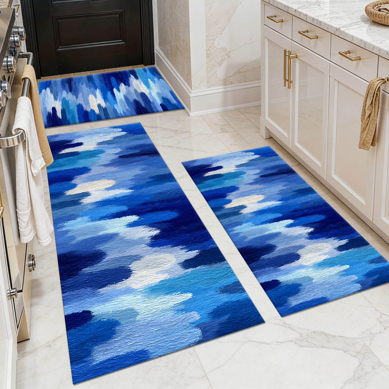 Three-piece kitchen rug set, non-slip and washable, abstract pattern kitchen hallway rug, soft and comfortable, suitable for sinks, floors, entrances, hallways and bathrooms.