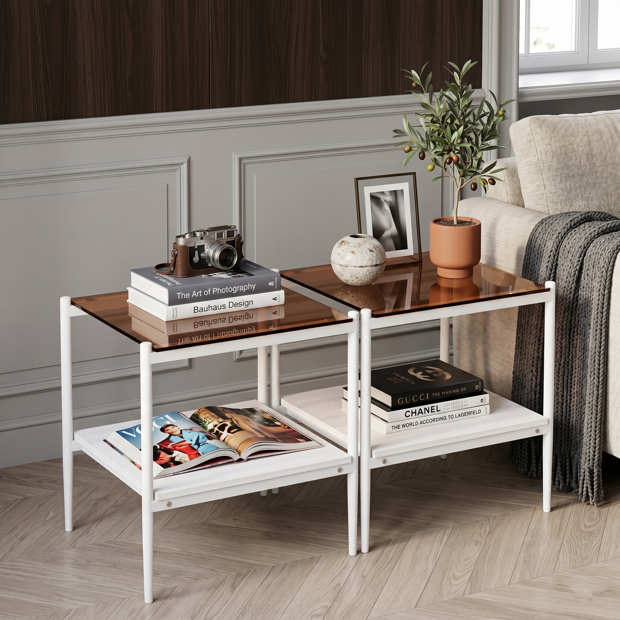 Set of 2 Rectangle End Table, Tempered Glass Tabletop with MDF layer, Modern Table for Living Room , Brown Glass