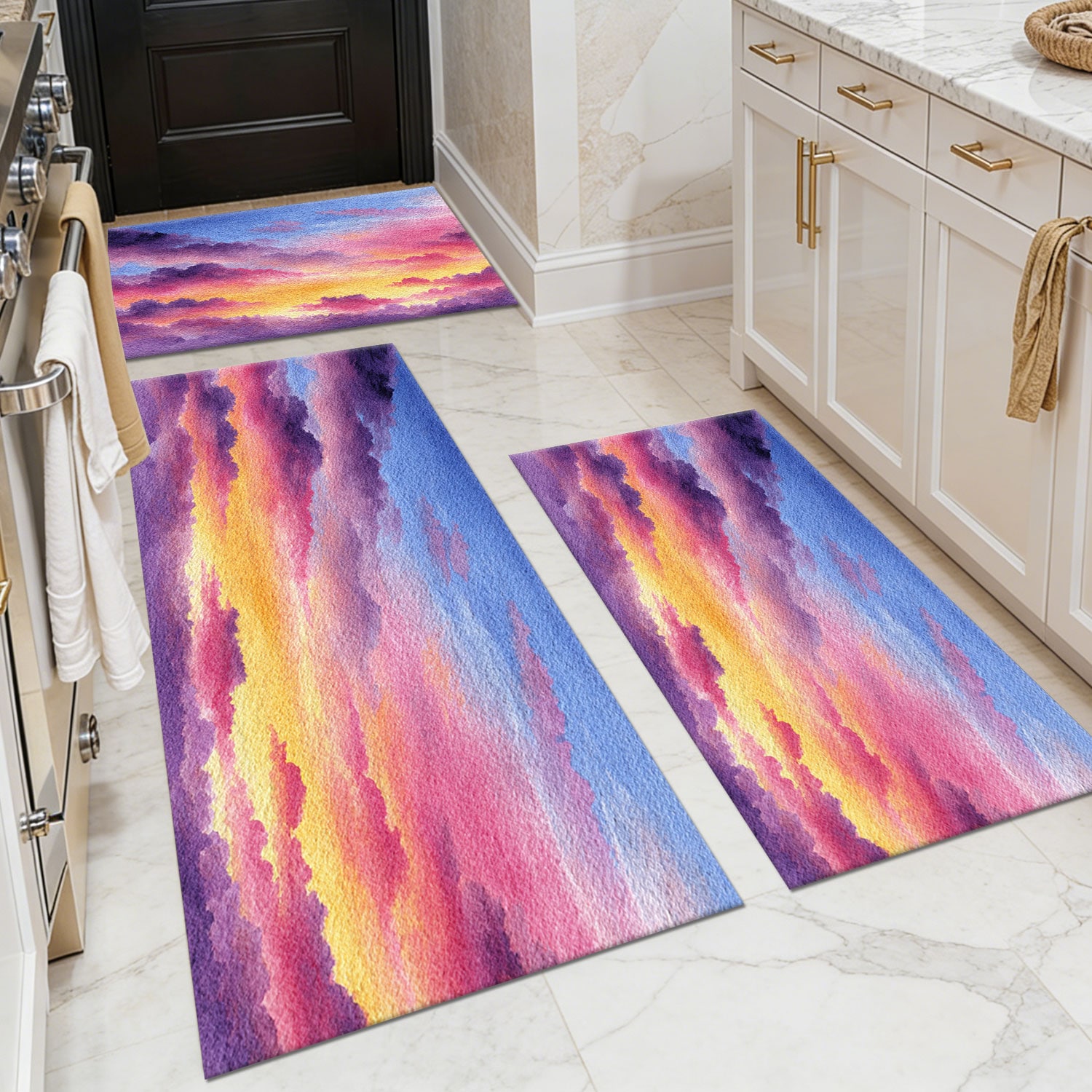 Three-piece kitchen rug set, non-slip and washable, abstract pattern kitchen hallway rug, soft and comfortable, suitable for sinks, floors, entrances, hallways and bathrooms.