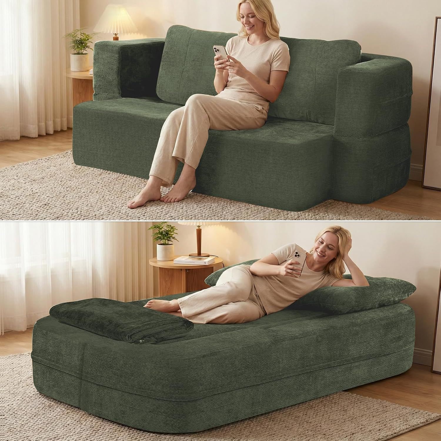 Convertible Sofa Bed with Blanket, Boneless Cloud Couch Queen Scott Fabric for Living Room Bedroom, Modular Loveseat with High-Density Solid Sponge No Assembly