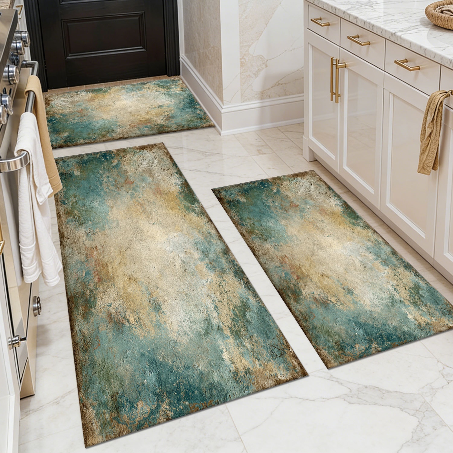 Three-piece kitchen rug set, non-slip and washable, abstract pattern kitchen hallway rug, soft and comfortable, suitable for sinks, floors, entrances, hallways and bathrooms.